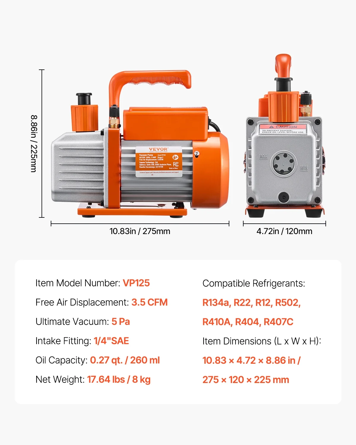 VEVOR 3.5 CFM AC Vacuum Pump and Gauge Set,Single Stage Rotary Vane HVAC Air Vacuum Pump,A/C Refrigerant Manifold Gauge Kit, with Hoses,for R134a,R12,R22,R502a,R410A,R404,R407C Refrigerants - Image 6