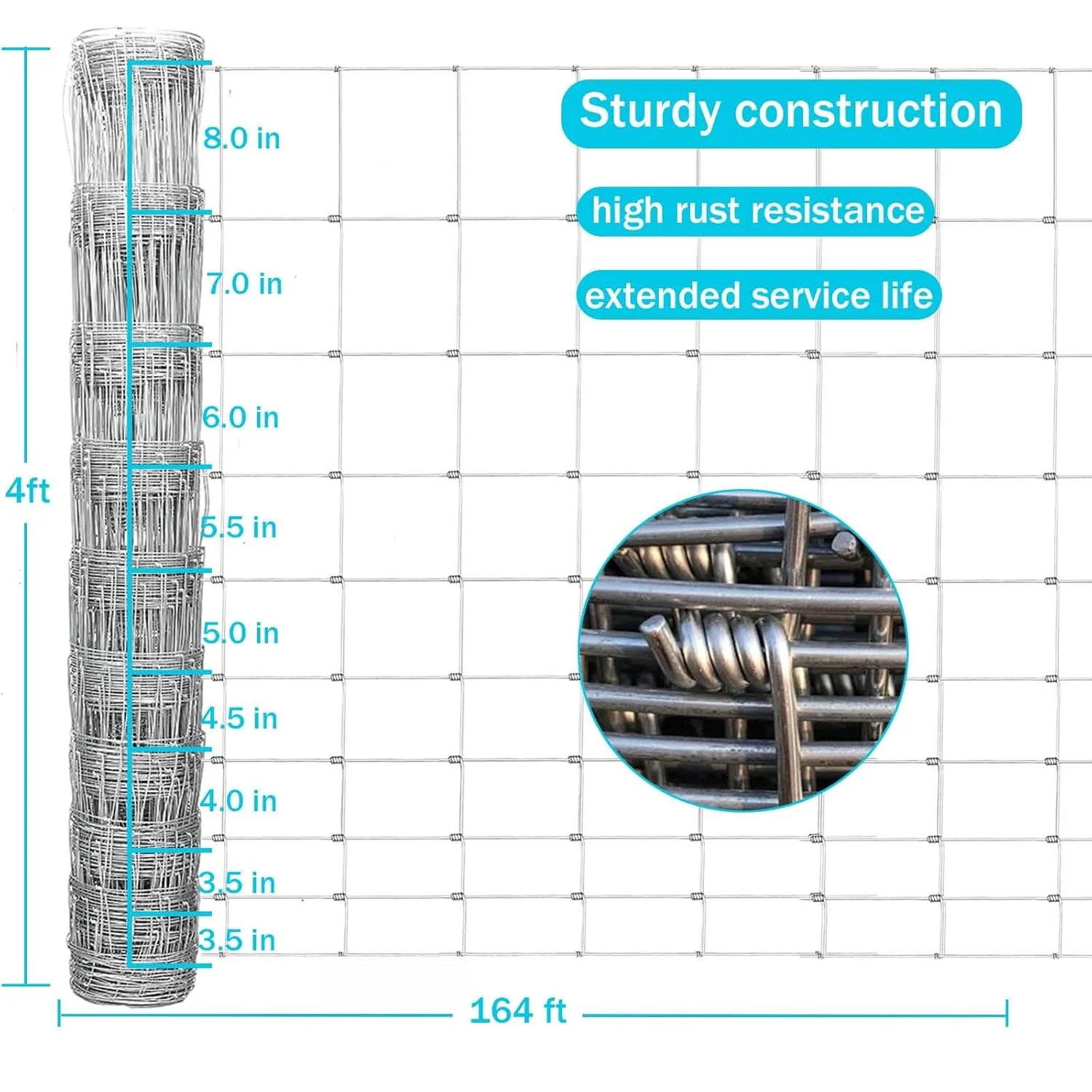 Farm Fence, 4ft x 164ft Galvanized Wire Fencing, Cattle Fence, Deer Fence, Heavy Zinc Coating Farm Fence Used to Hog Goat Fencing for Yard Garden and Field - Image 4