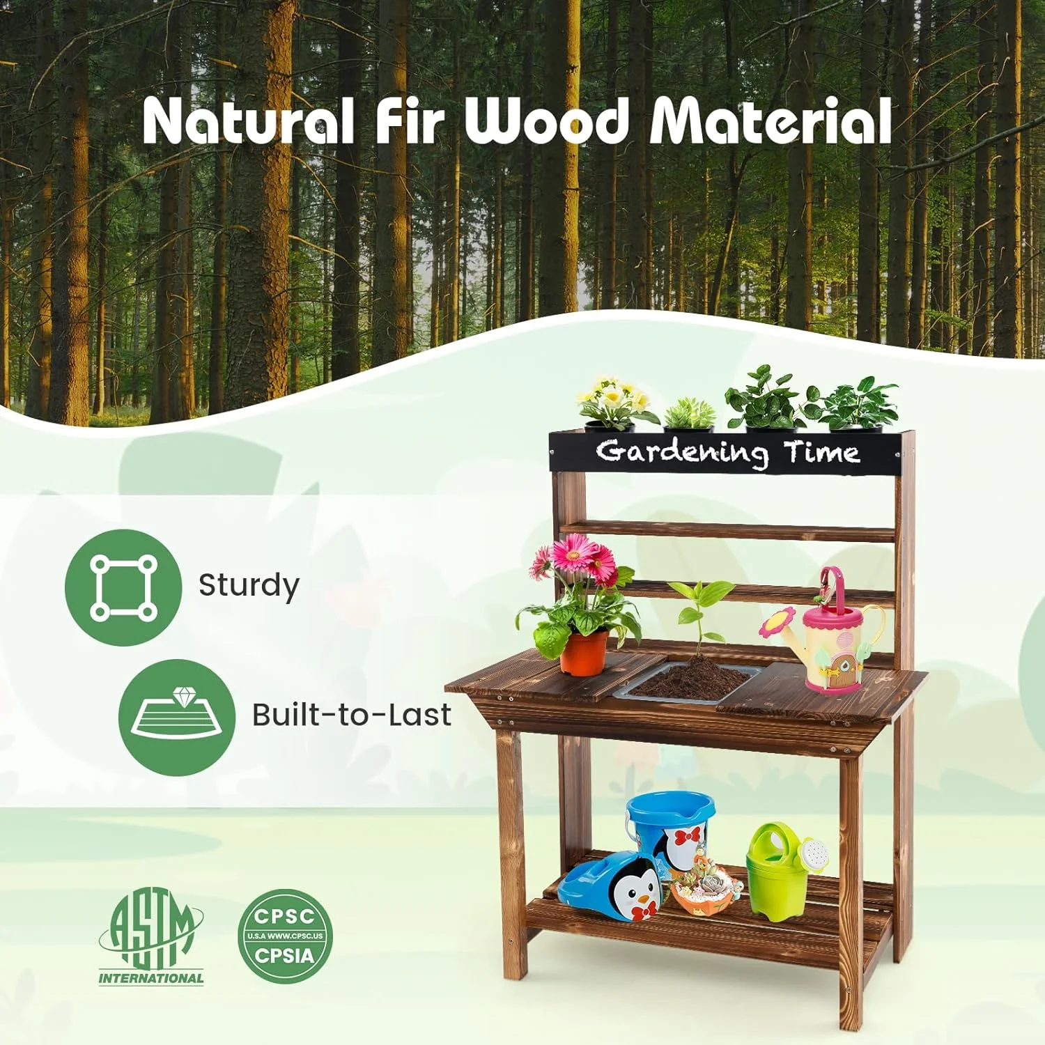 DORTALA Kids Potting Bench, Fir Wood Outdoor Mud Table with Removable Sink, 4 Pots, Chalkboard, Storage Shelves, Garden Kid Kitchen Playset, Mud Kitchen for Kids Outdoor - Image 5