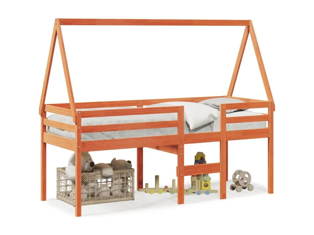 Cama alta con techo madera maciza de pino marrón cera 90x190 cm pzc3665516