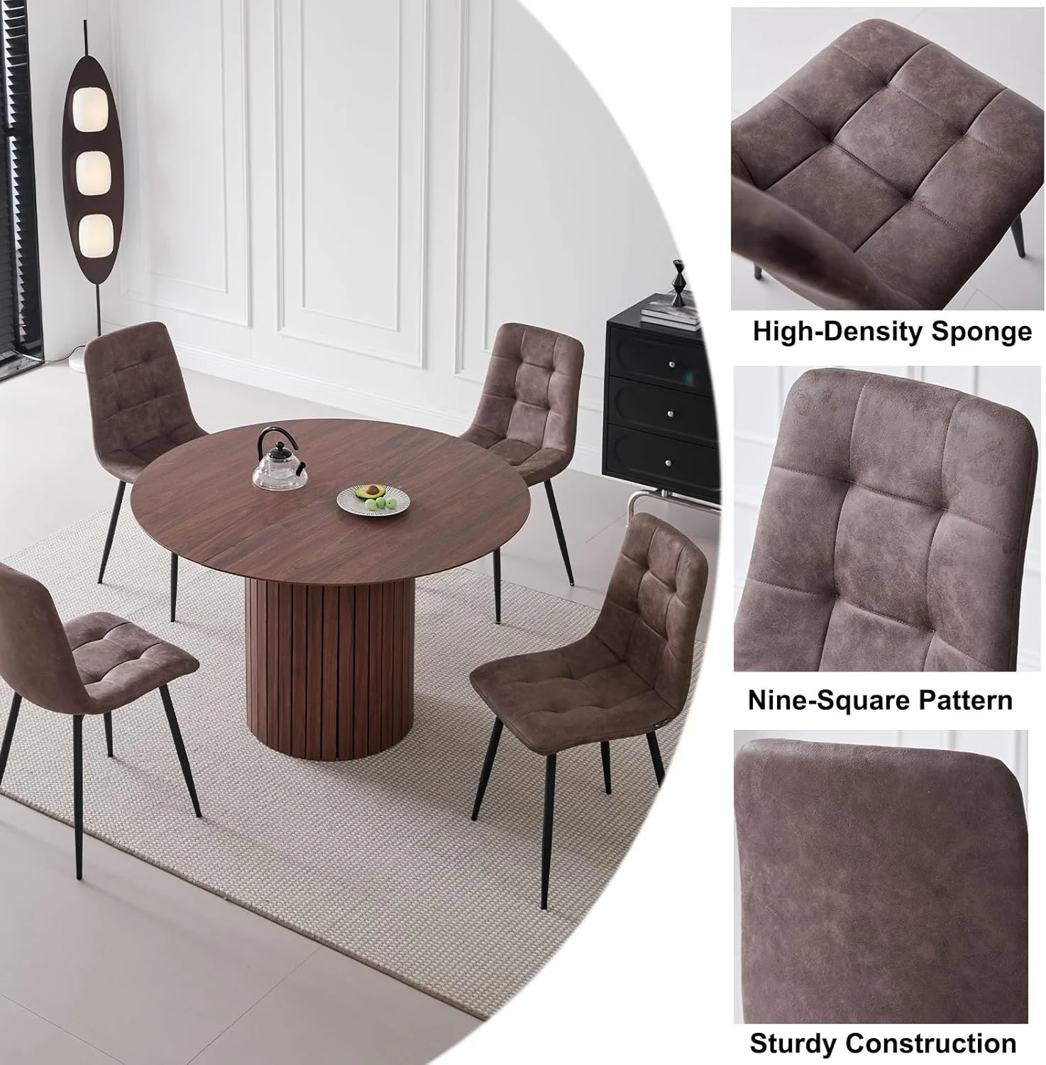 5 Piece Round Dining Table Set - Mid-Century 47 inch Oak Dining Table with 4 Brown Faux Leather Chairs Set, Dinner Table & Chair with Metal Legs for Kitchen Dining Room, Apartment, Bedroom - Image 13