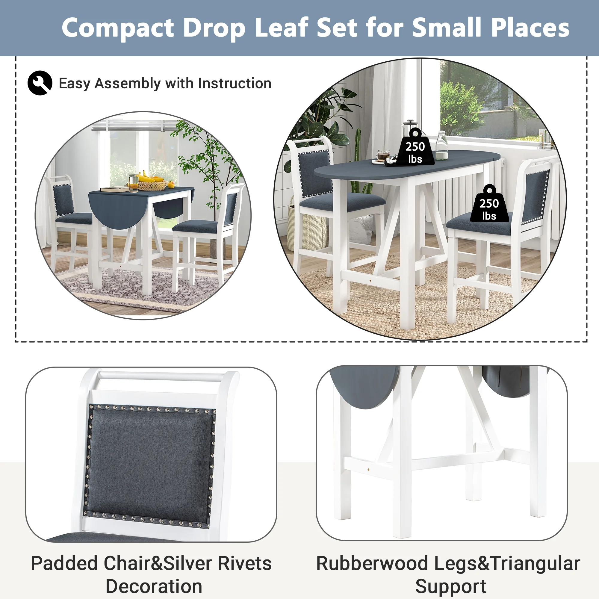 Harper & Bright Designs 3 Piece Wood Folding Dining Table Set Drop Leaf Table with 2 Padded Counter Height Dining Chairs for Small Place, Brown - Image 19