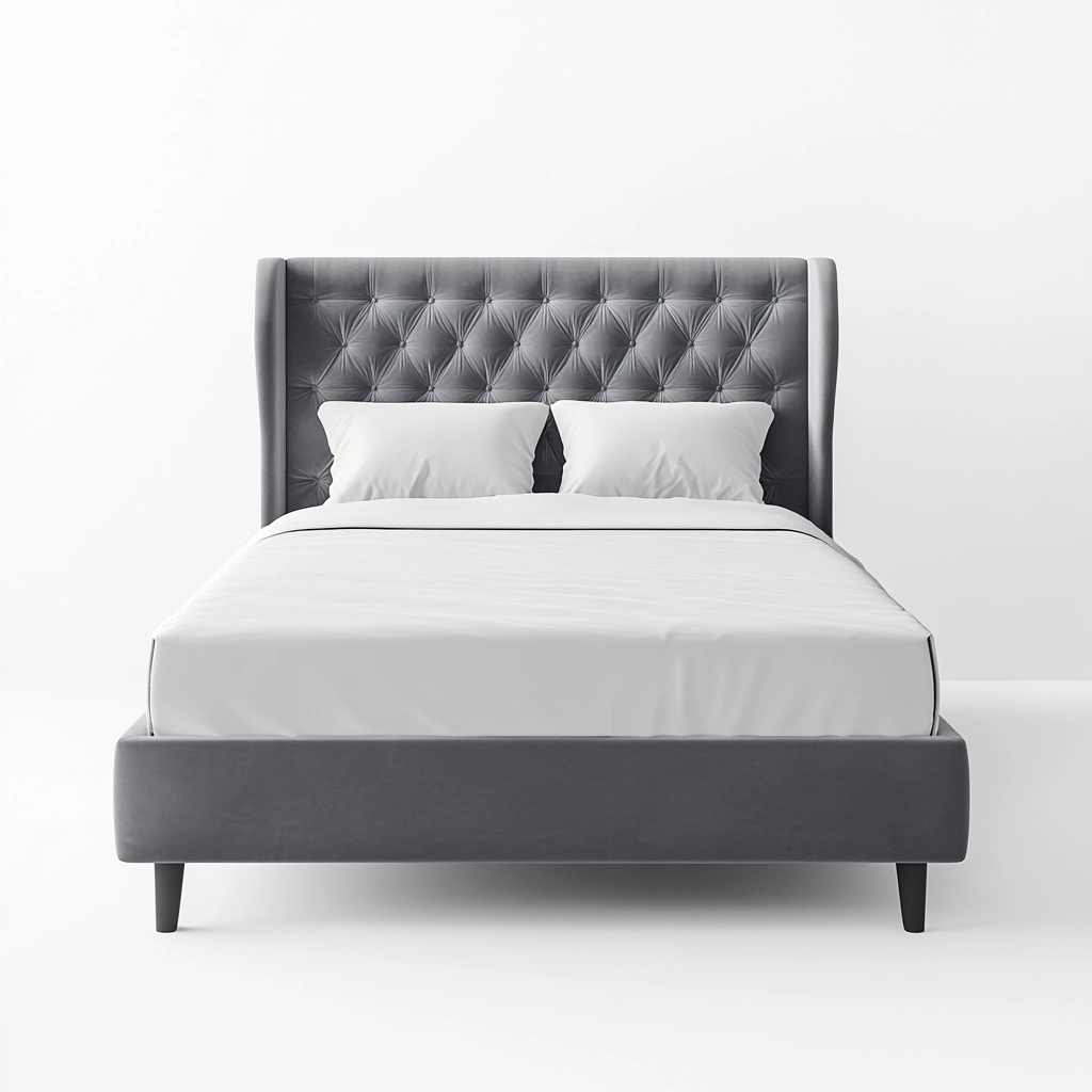 Cama doble tapizada en terciopelo gris con cabecero capitoné 160x200