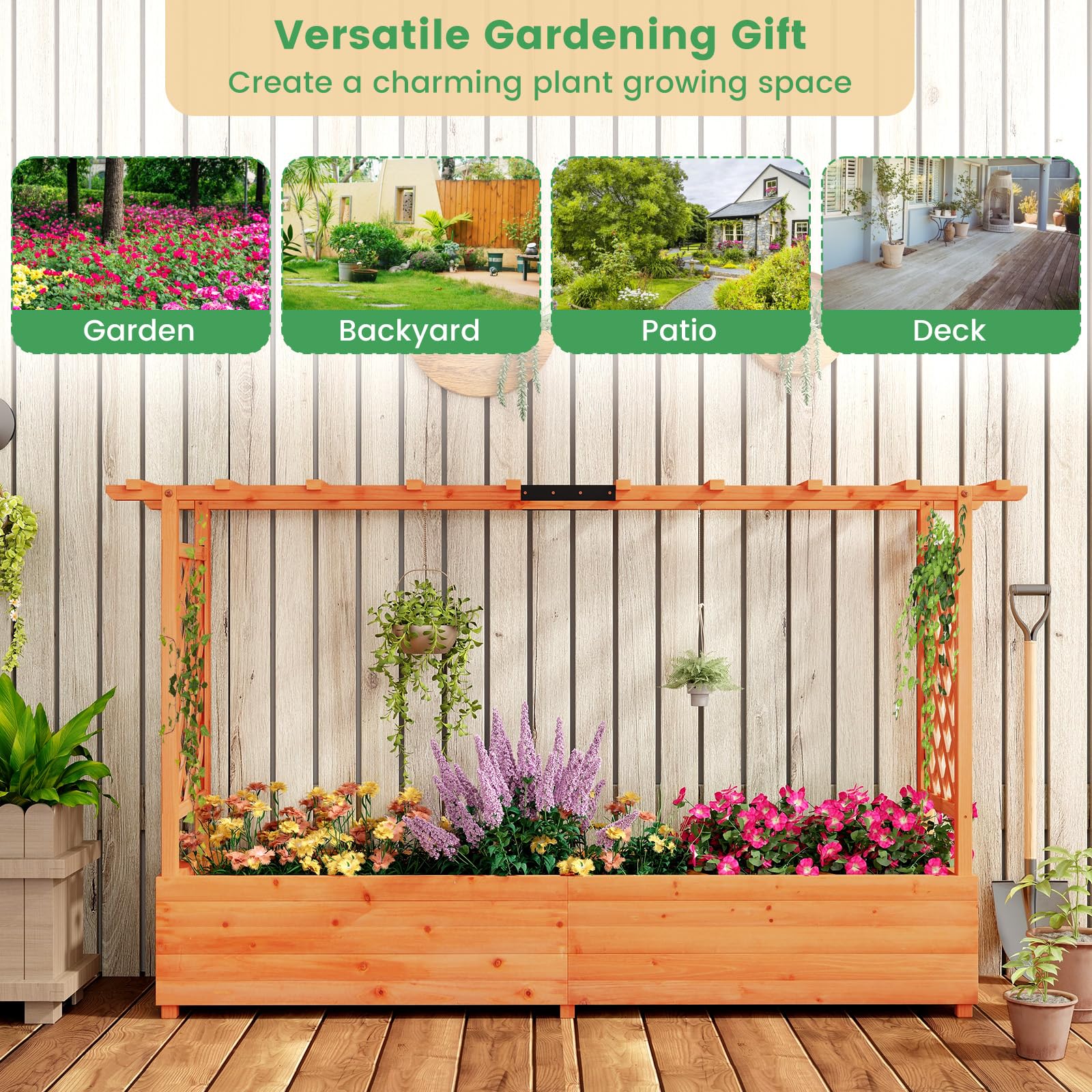 Eletriclife Fir Wood Raised Garden Bed with 2-Sided Trellis and Hanging Roof