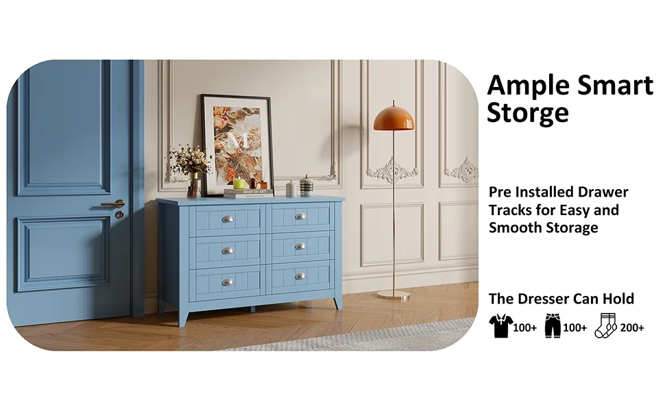 6 Drawer Dresser, Light Blue Elegant Chest of Drawers, Large Cabinet with Storage, Rustic Wood Chest of Drawers for Bedroom, Living Room, Hallway - Image 8