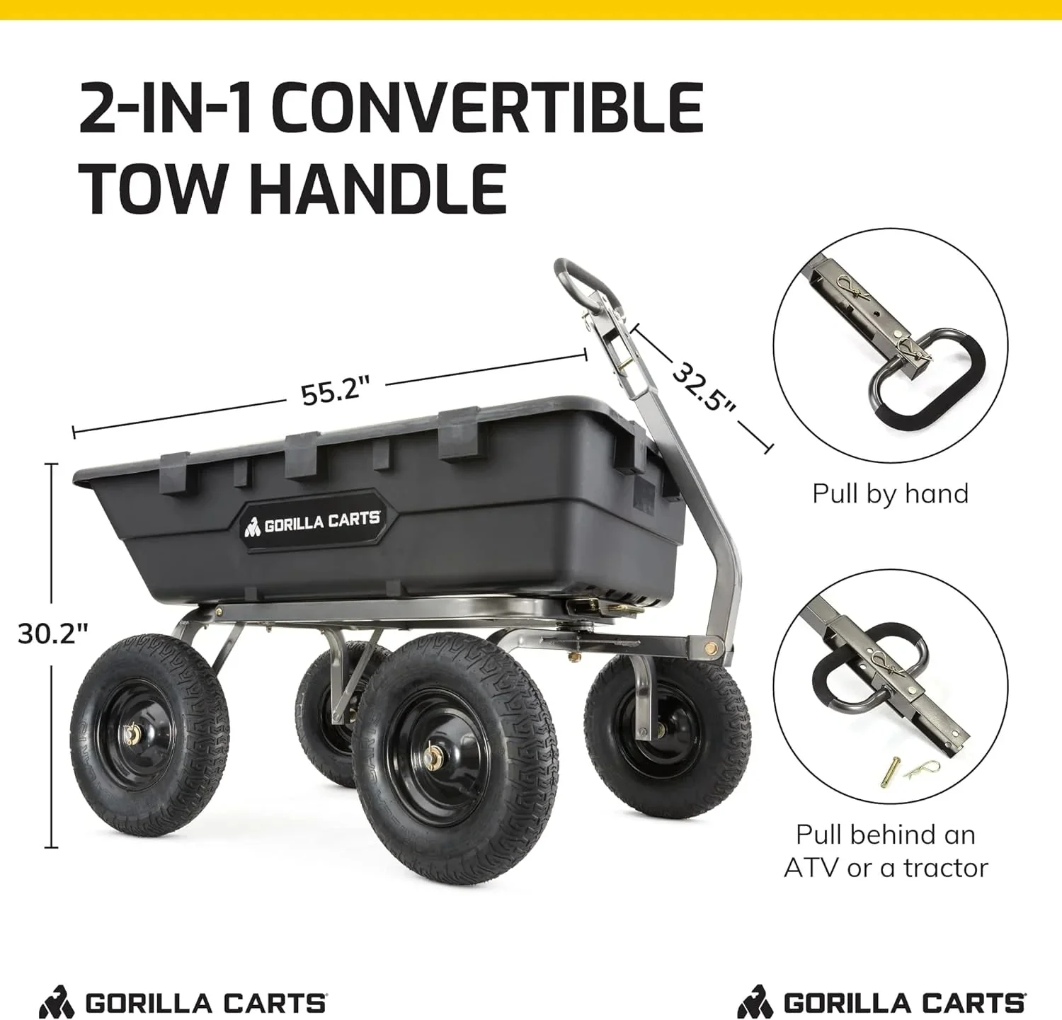 Heavy Duty Poly Utility Dump Wagon Garden Cart w/Pneumatic Tires, 6 Cu Ft - 1200 lb Capacity Outdoor Wheelbarrow for Yard, Landscaping & Gardening, Lawn Tractor or ATV Towable-Gorilla Carts