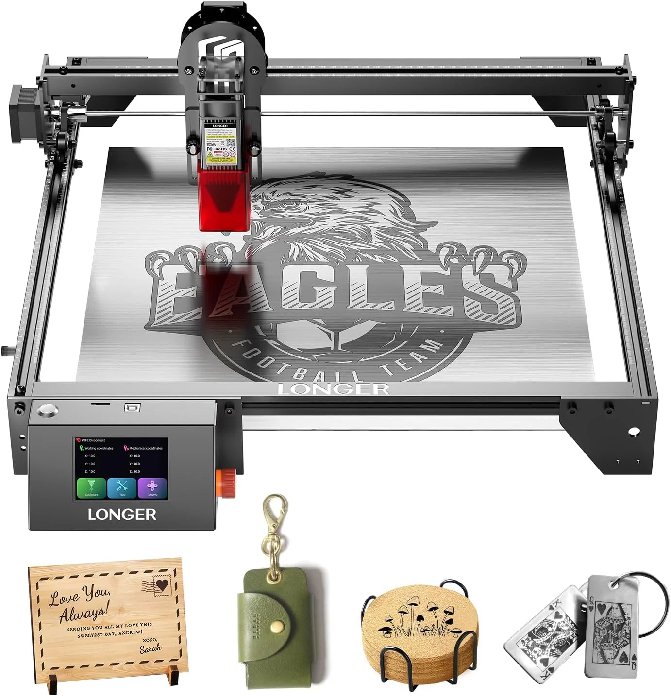 Longer RAY5 Laser Graviermaschine, 10W Laser-Ausgangsleistung, 3,5“ Farb-Touchscreen, Offline-Steuerung über App, Gravurwerkzeug für Metall/Glas/Holz, Arbeitsbereich 400x400mm