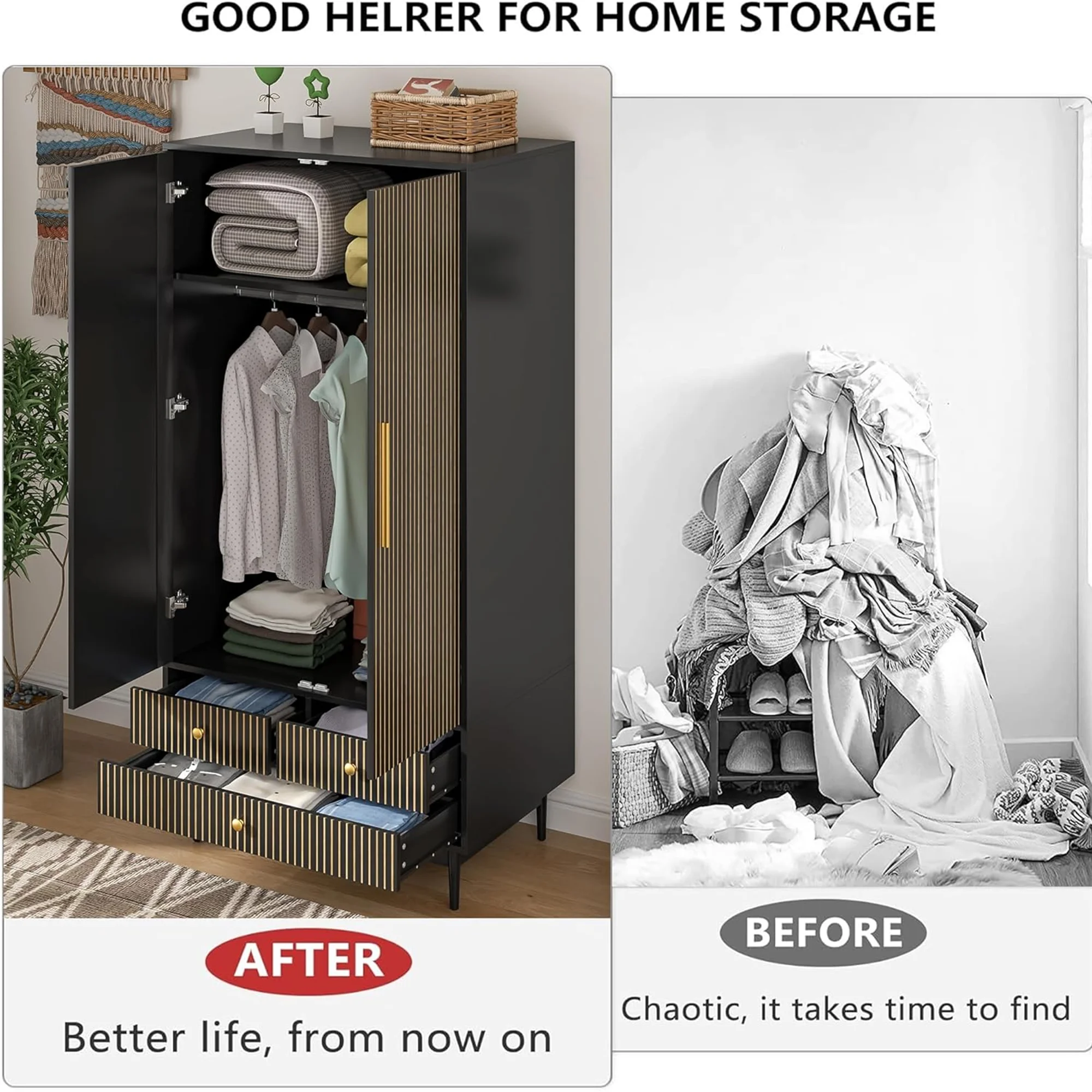 Oubayajia Wardrobe Armoire Closet, 2 Fluted Doors Wardrobe Cabinet with 3-Drawer and Hanging Rod, Wood Wardrobe Storage for Bedroom - Image 11