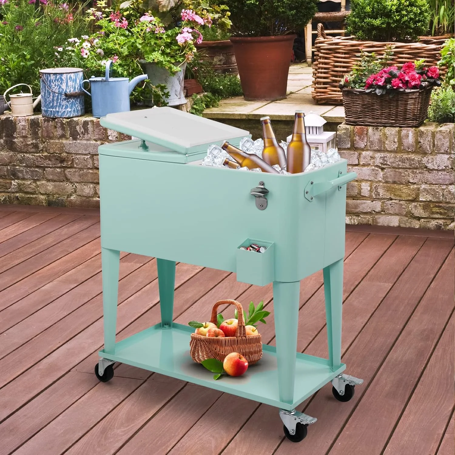 80 Quart Rolling Ice Chest, Portable Bar Drink Cooler with Catch Basin, Bottom Storage Tray and Bottle Opener for Patio Party BBQ Beach Activities - Image 16