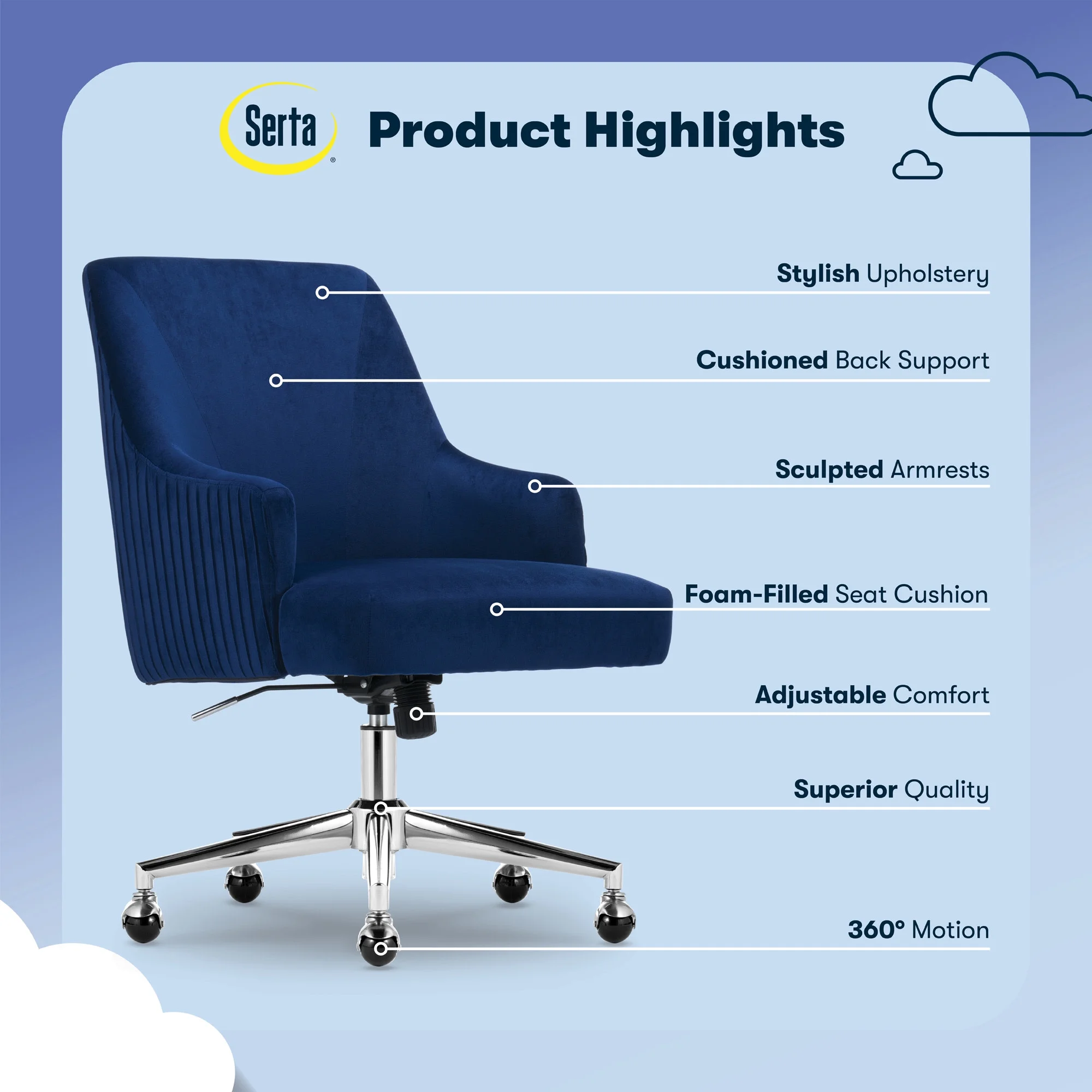 Serta Scarlett Modern Mid-Back Office Chair Velvet Fabric Gold Metal Base Pink - Image 24