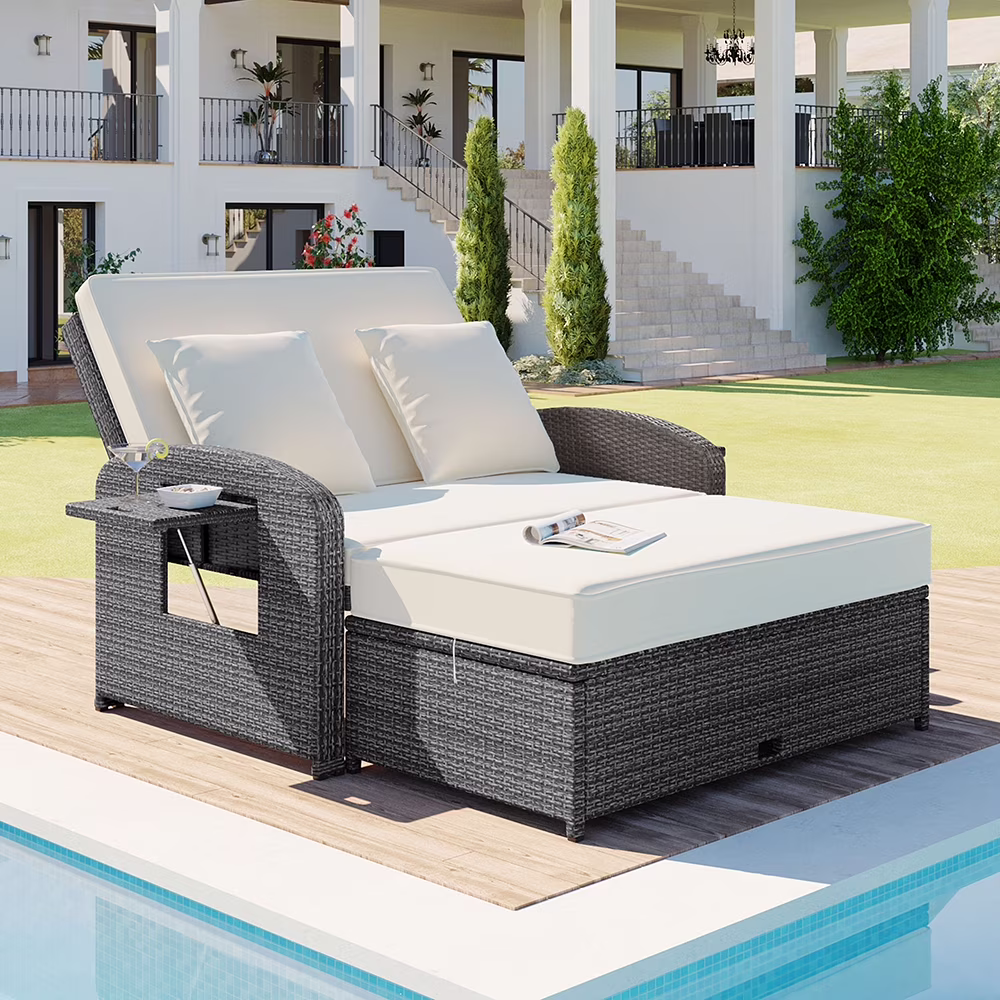 Harper & Bright Designs Rattan Outdoor Double Lounge Chaise 2-Person PE Wicker Outdoor Patio Sunbed with Canopy Cover for Backyard Garden Balcony, Beige+Black - Image 3