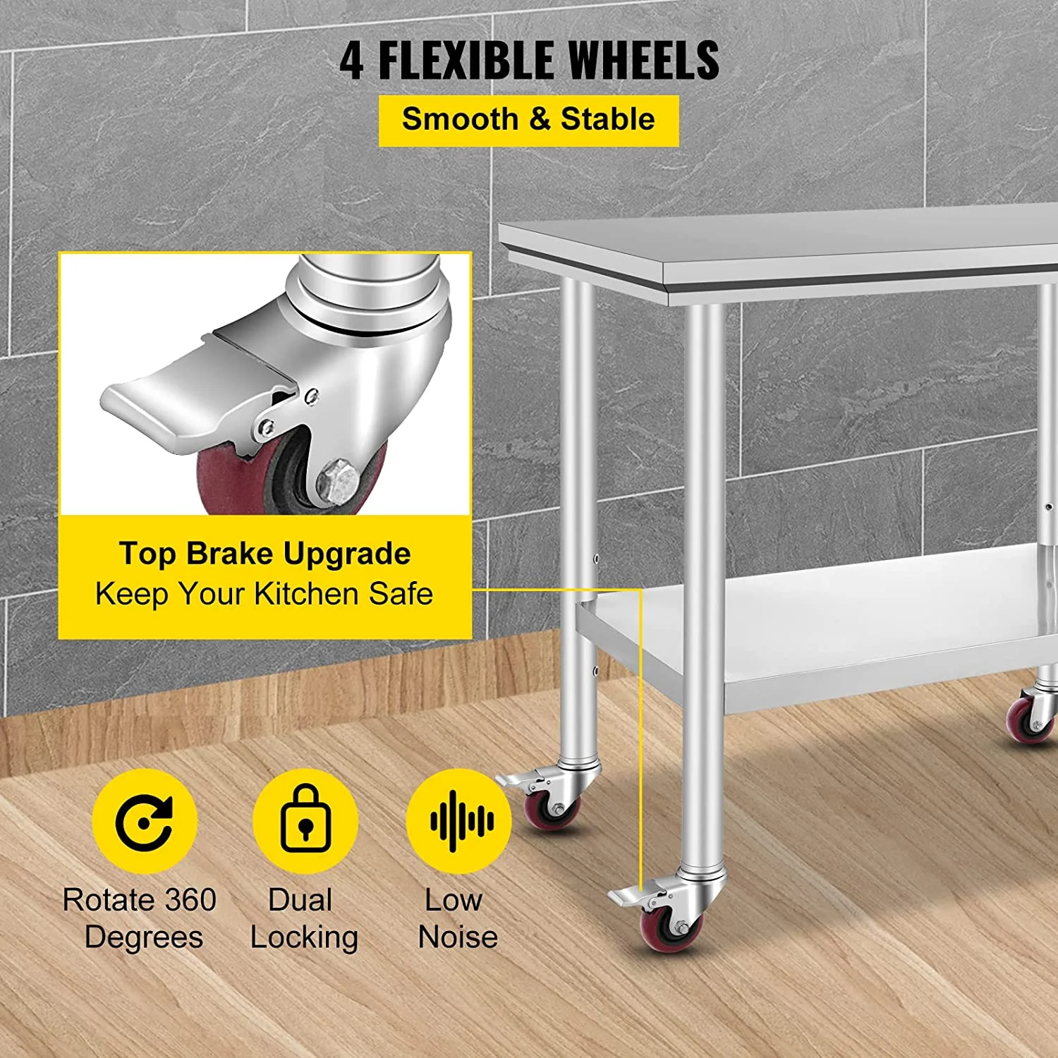 VEVOR Stainless Steel Work Table 36 x 24 inch with 4 Wheels Commercial Food Prep Worktable with Casters Heavy Duty Work Table for Commercial Kitchen Restaurant - Image 7