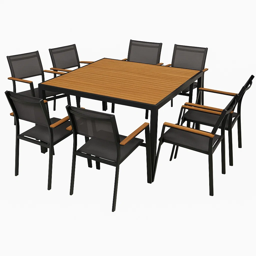 Conjunto de comedor de jardín para 8 personas, estructura de metal y textileno, tablero efecto madera, 8 sillas, 1 mesa, Negro y madera - nAhLcrv183vp