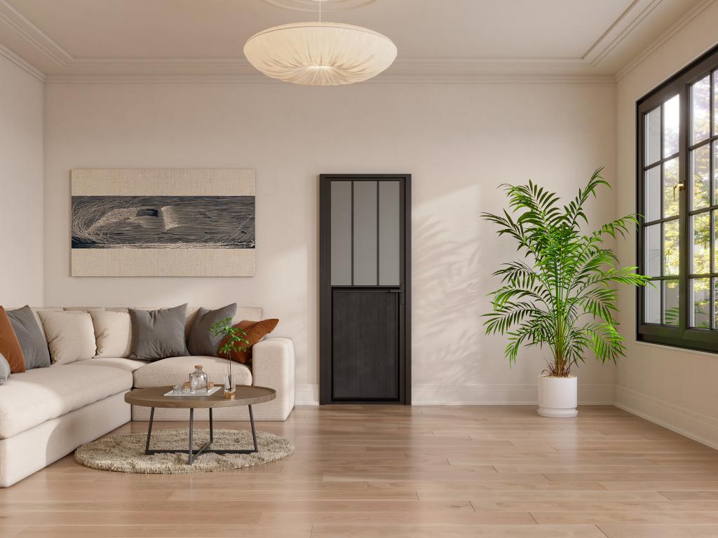 Puerta reversible de aluminio y vidrio templado esmerilado tipo taller - Alt. 204 x L93 cm - Negro - ERMELO
