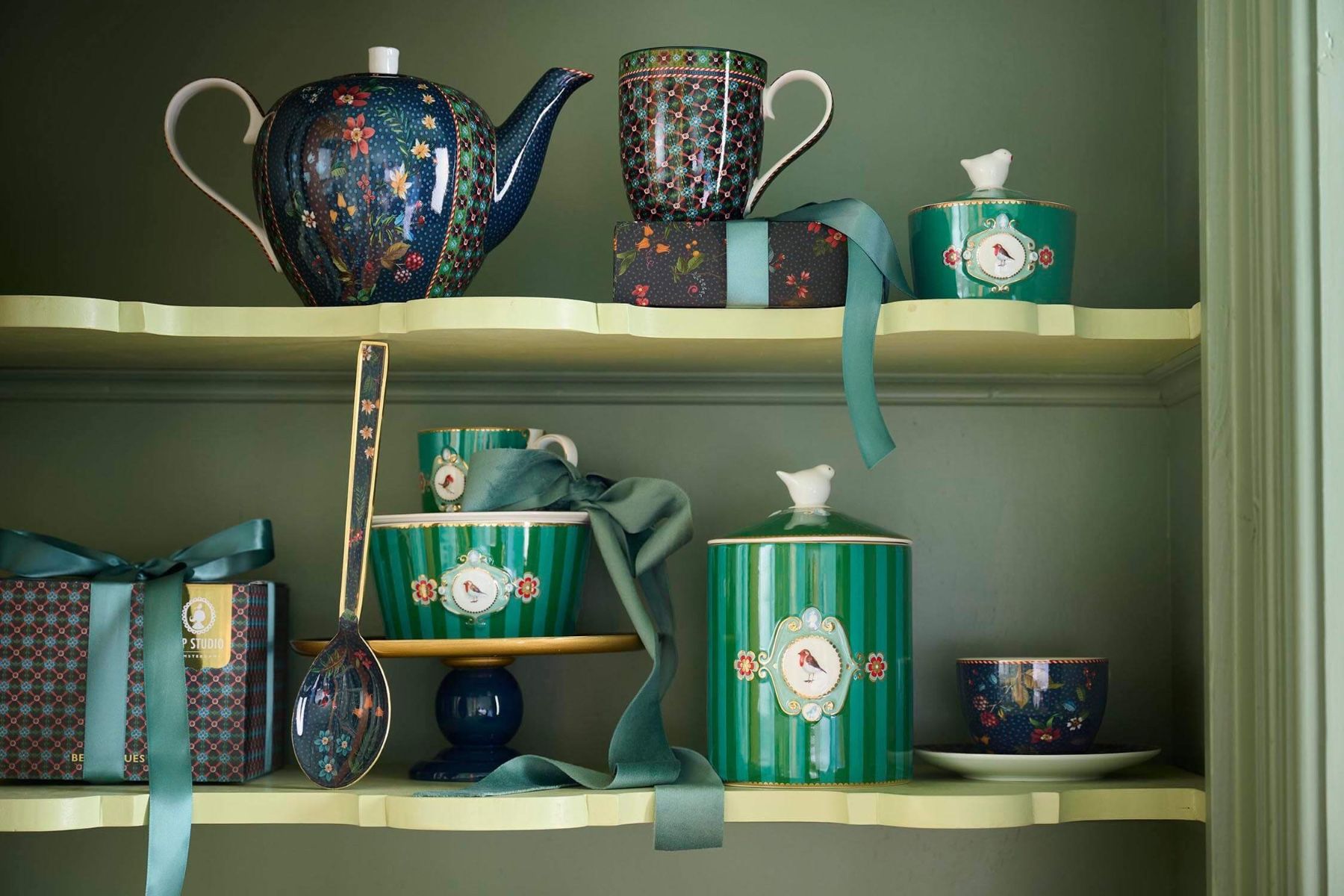 Storage Jar Love Birds Medallion Stripes Emerald/Green