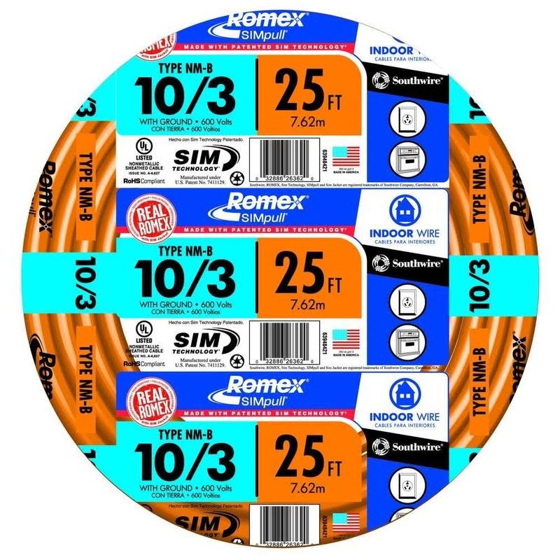 Nonmetallic Cable, 10/3 AWG, Orange, 25ft(10/3 Awg / 25ft)