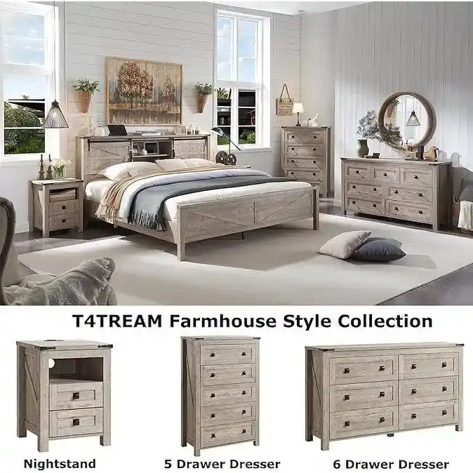 Farmhouse Platform Bed with Storage Headboard Sliding Doors and Charging Station