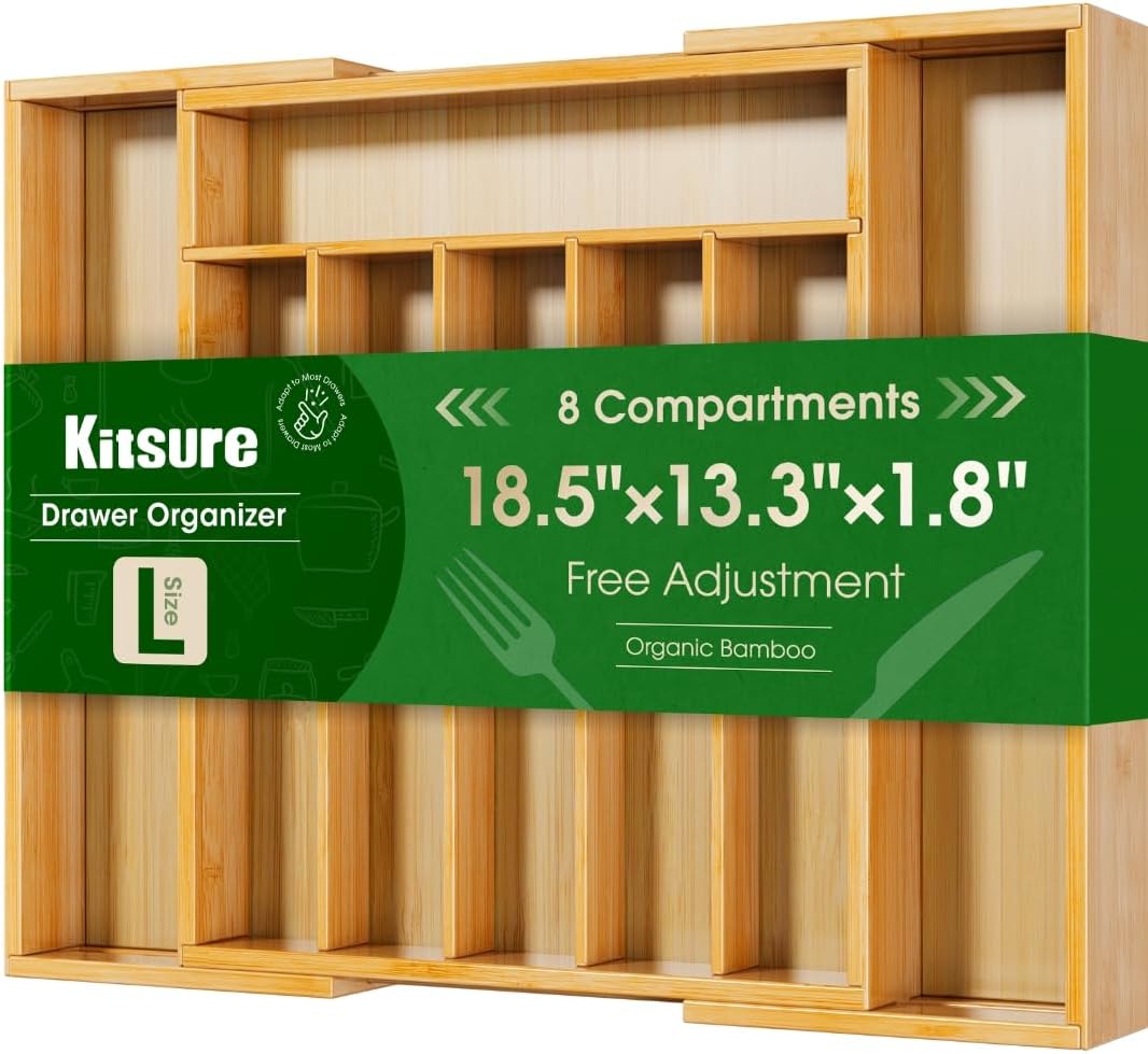 Kitsure Silverware Organizer - Expandable Bamboo Kitchen Drawer Organizer for Cooking Utensils and Cutlery, Sturdy & Thickened Kitchen Organizers and Storage Solution, Large, Natural