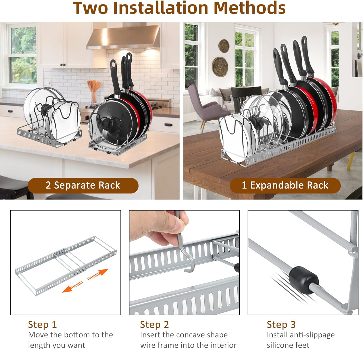 ROOHUA Pot Rack Organizer -Expandable Pot and Pan Organizer for Cabinet,Pot Lid Organizer Holder with 10 Adjustable Compartment for Kitchen Cabinet Cookware Baking Frying Rack Grey
