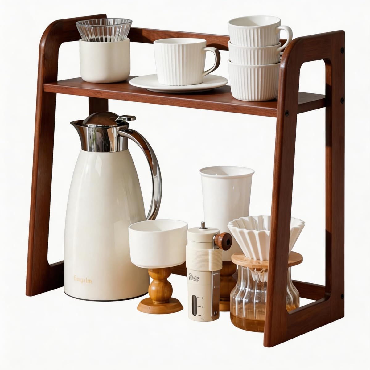 Natural Bamboo Coffee Station Organizer, 2-Tier Wooden Kitchen Counter Shelf for Bar Accessories, Multi-Functional Countertop Storage Rack for Syrup Bottles & Coffee Essentials (Natural Bamboo)