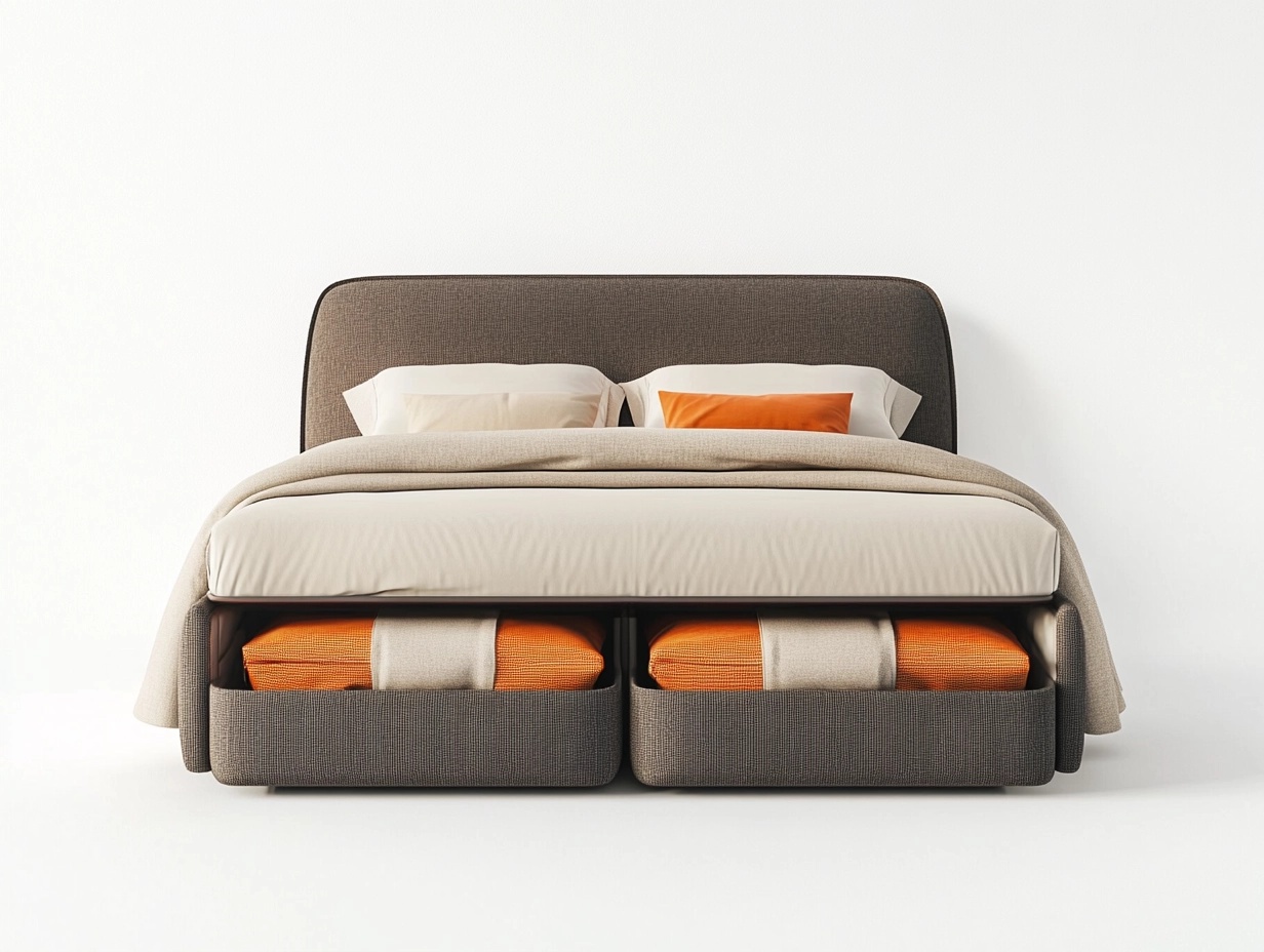 Cama tapizada con almacenamiento en cajones