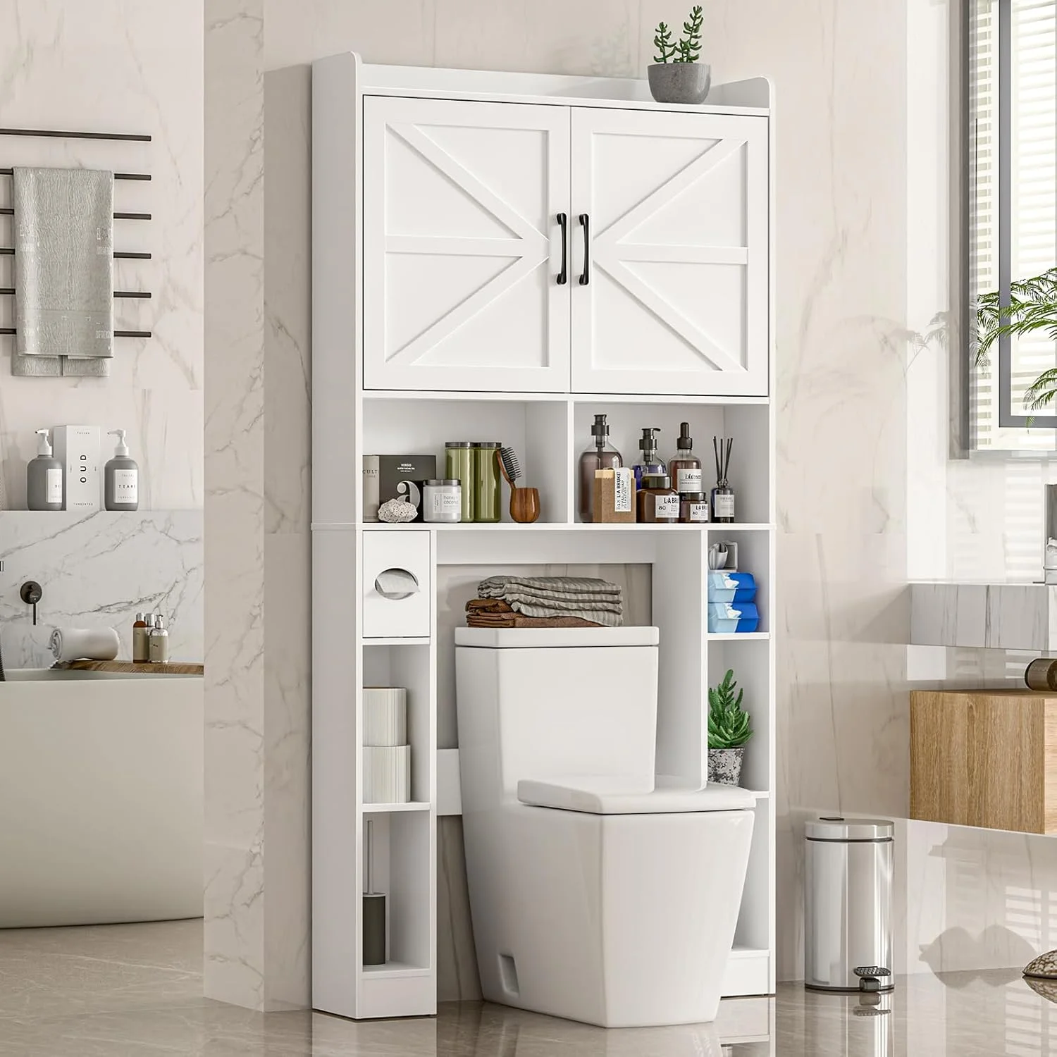 Vabches Over The Toilet Storage Cabinet with Toilet Paper Holder Stand, Above Toilet with Adjustable Shelf & 2 Doors - Image 10