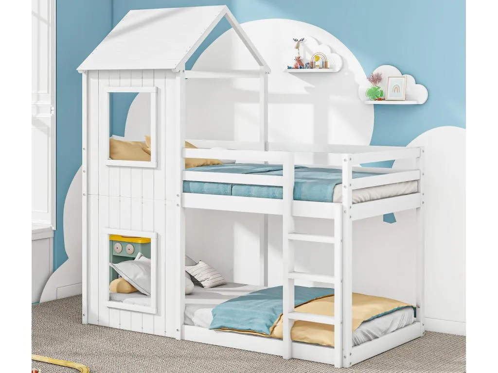 Litera cabina 90x200 cm - Prietocasa maciza - con 2 ventanas - Blanco