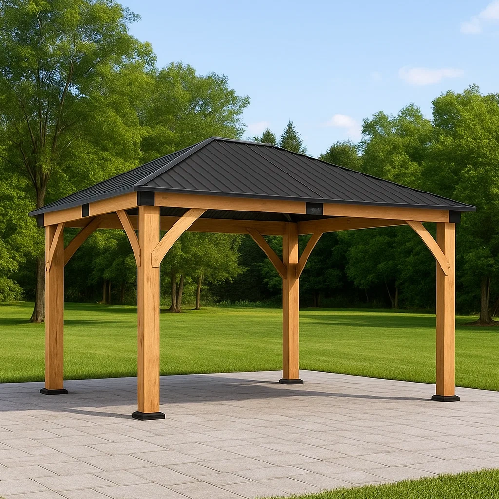 Pérgola de jardín,color negro,estructura de madera y techo metálico,uso exterior,441x380x285 cm