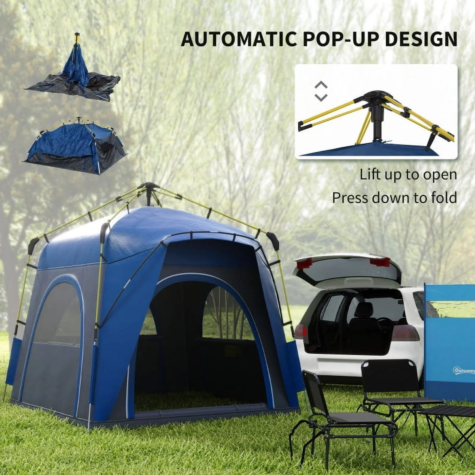 Outsunny Camping Tents 4 Person Pop Up Tent Quick Setup Automatic Hydraulic Family Travel Tent w/ Windows, Doors Carry Bag Included, Blue - Image 2