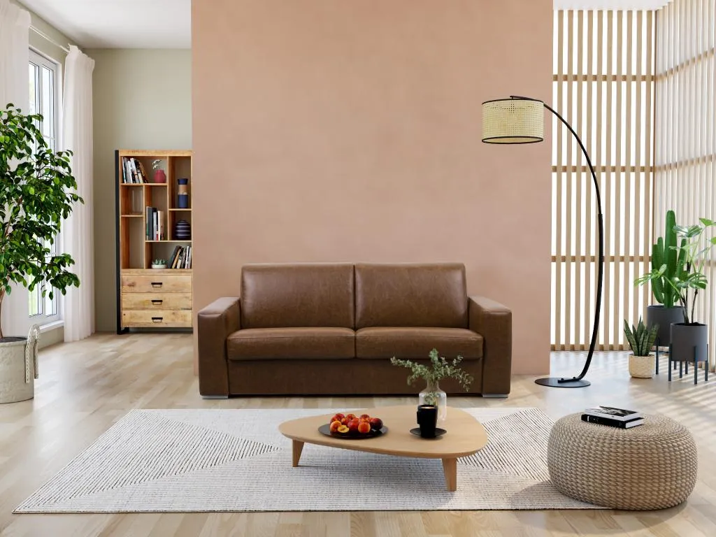 Sofá cama de 4 plazas de apertura rápida en piel de búfalo vintage color caramelo con colchón de 18 cm - Alkifurniturees II YISU00905