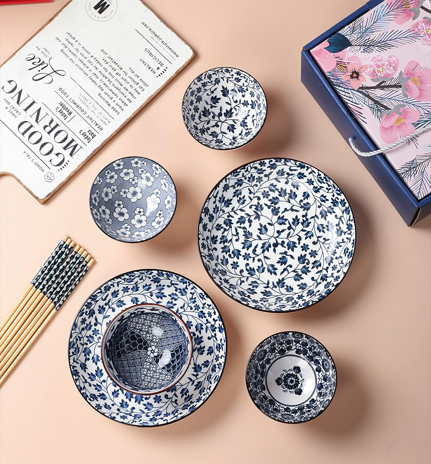 Rice Bowls 10oz, Japanese Style Bowls Set of 6 with Gift Box - Blue and White Ceramic Bowls for Soup, Dessert, Ice Cream, Snack - Kitchen Gifts for Women (Blue and White)