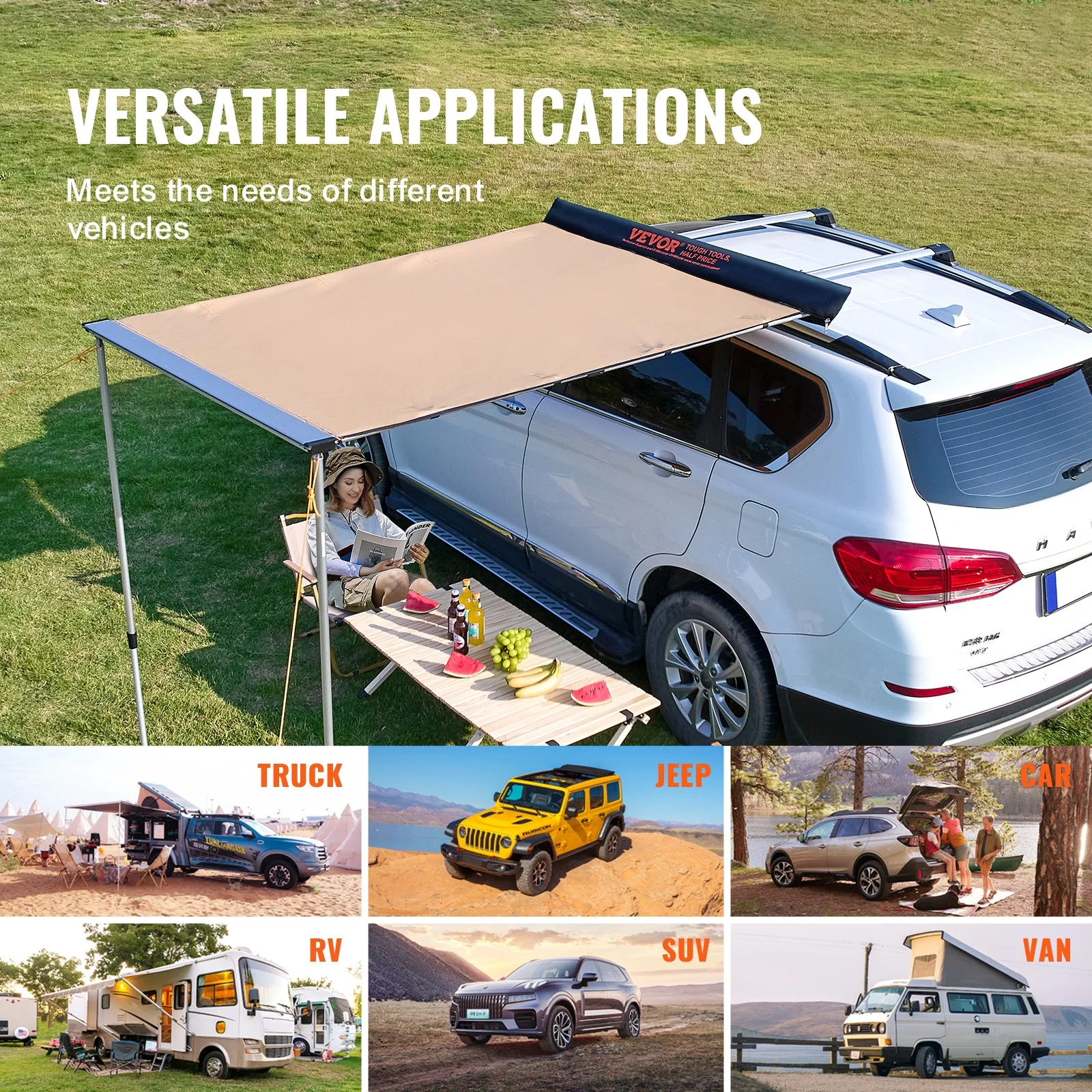 JWRWEF 6.5x8.2ft Car Side Awning, Waterproof SUV Truck Rooftop Tent Sunshade, 280G PU3000mm Fabric Outdoor Shelter, UV & Wind Resistant Camping Canopy with Carry Bag - Image 5