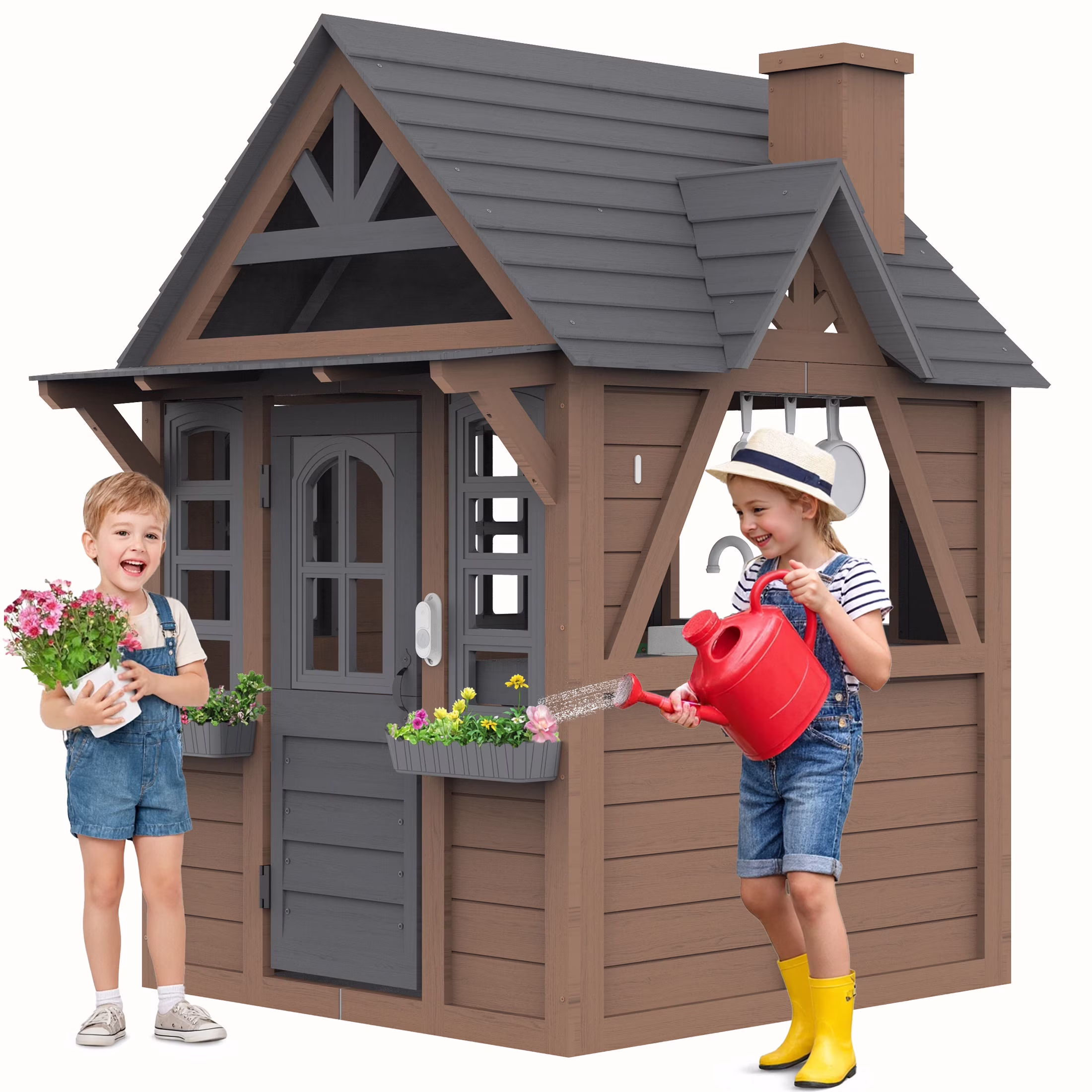 COCLUB Outdoor Playhouse for Kids Ages 4-8, Wooden Play House with Doorbell, Phone, Kitchen Toys, Outdoor Kids Play Equipment, Casa Para Ni?as (45-L x 65-H), White & Black - Image 5