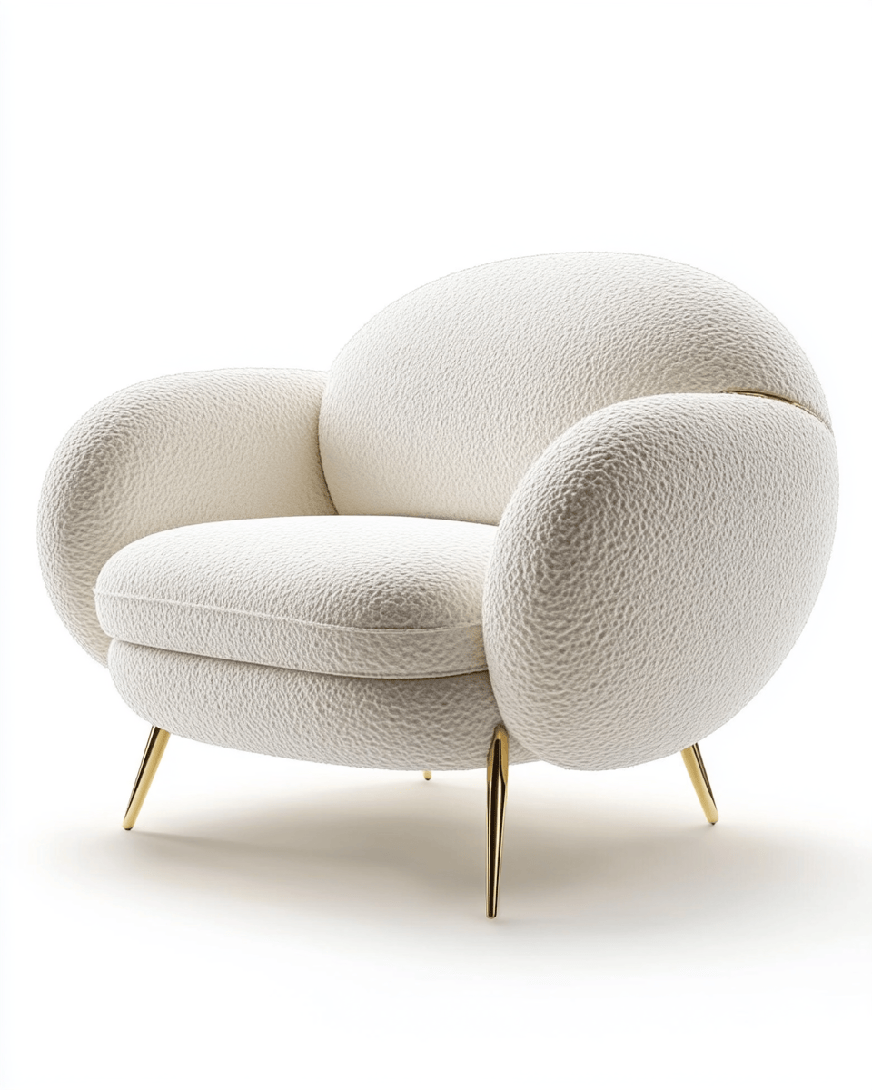 Sillón curvo tapizado en bouclé 105×90×75 cm – blanco marfil – con patas doradas modernas