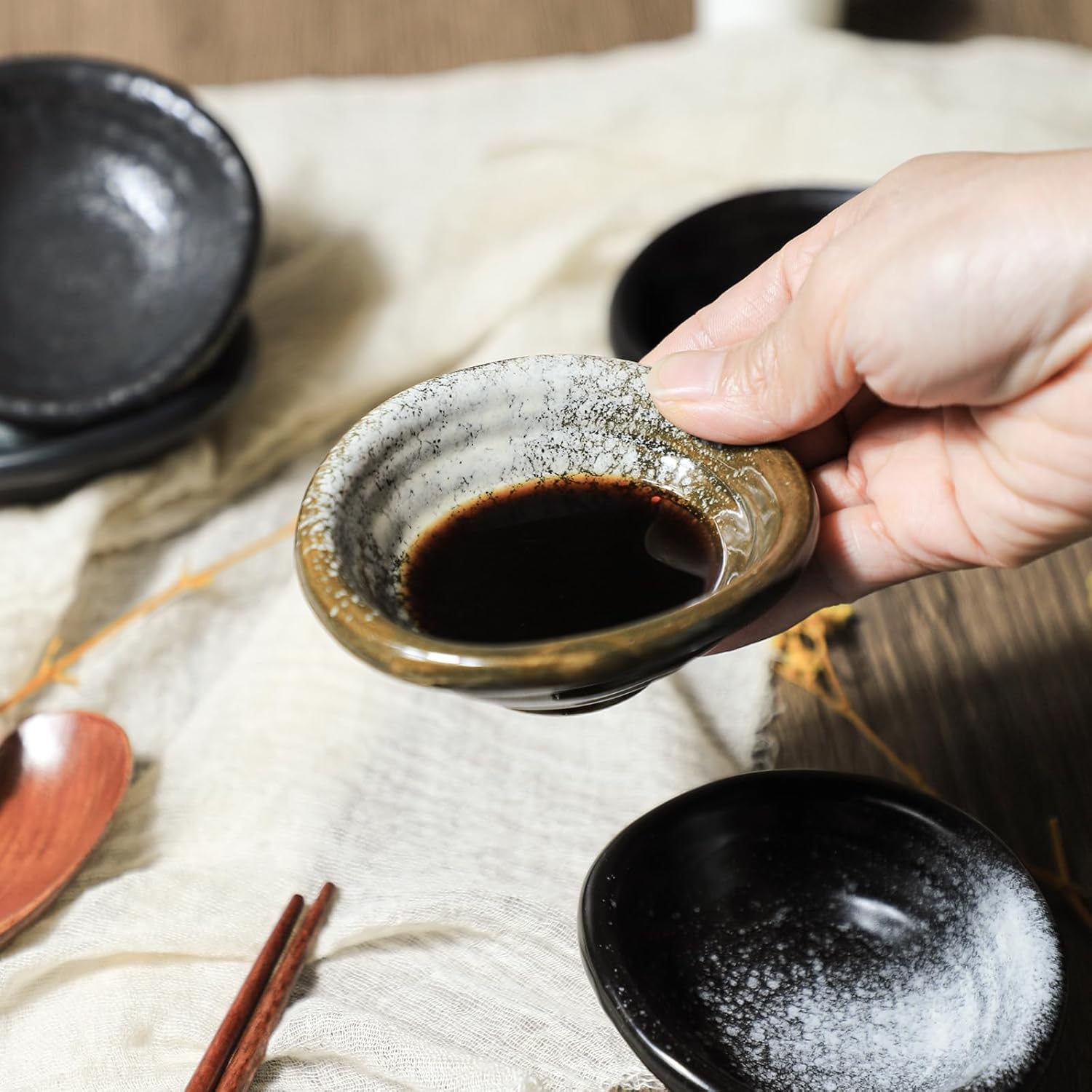 Set of 5 Japanese Vintage Style Ceramic Side Dishes - Retro Black Seasoning Dishes - 3.5 Inch