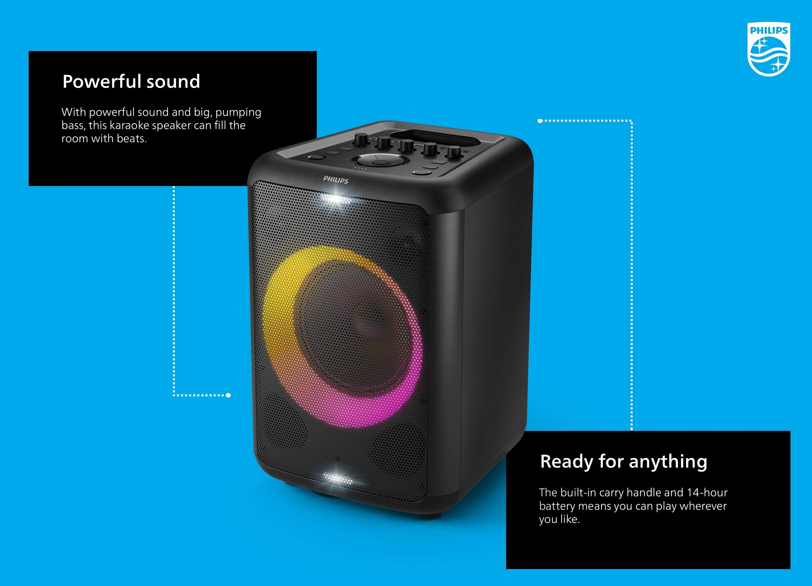 Philips X3206 Portable Bluetooth Party Speaker with Party Lights and Built-in Carry Handle, Medium Size, Black, TAX3206 - Image 2