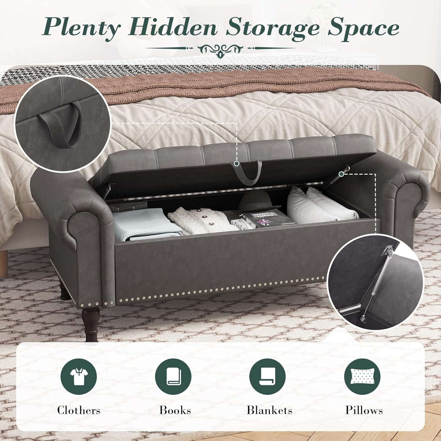 YOUDENOVA Storage Ottoman Bench for Bedroom 51" Queen Leather Storage Bench with Button, Upholstered Bedroom Bench with Rolled Arms for Living Room, Storage Room, Entryway, Gray - Image 9