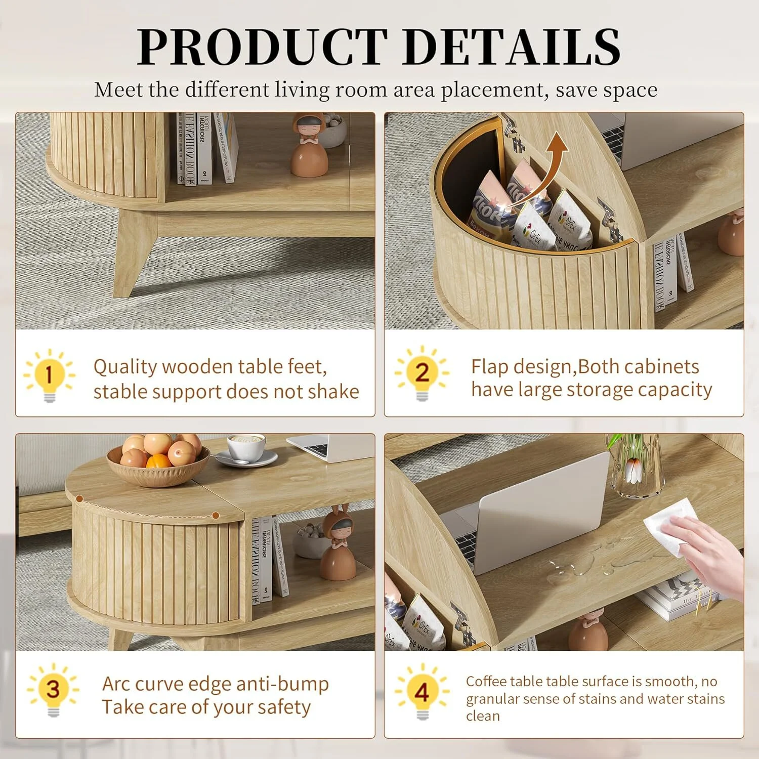 Fluted Coffee Table with Storage, Modern Coffee Tables, Wood Accent Center Table - Image 8