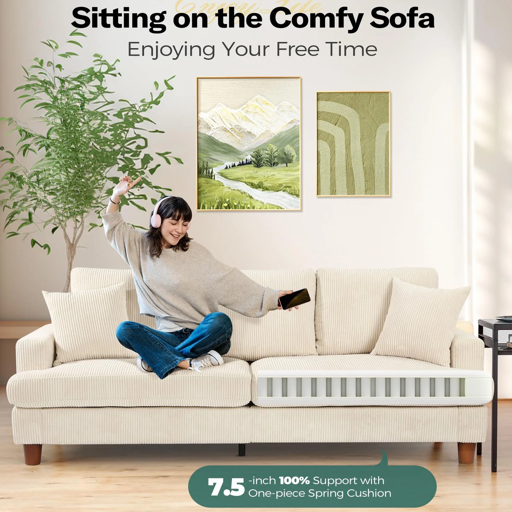 87" Corduroy Sofa,3 Seater Sofa with Extra Deep Seats,Neche Comfy Upholstered Couch for Living Room,2 Pillows,Green - Image 20