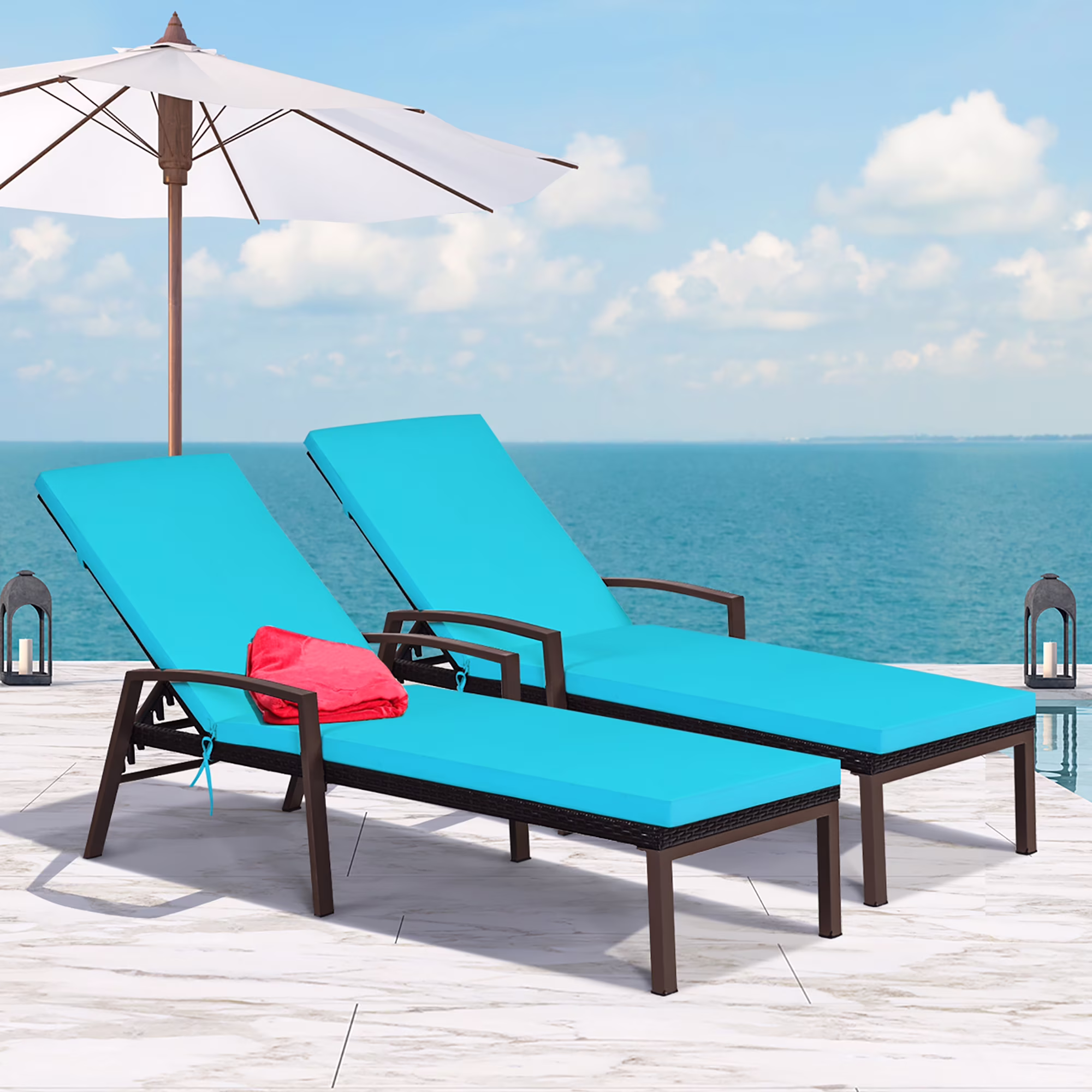 Costway 2PCS Patio Rattan Lounge Chair Chaise Recliner Back Adjustable Cushioned Red - Image 3