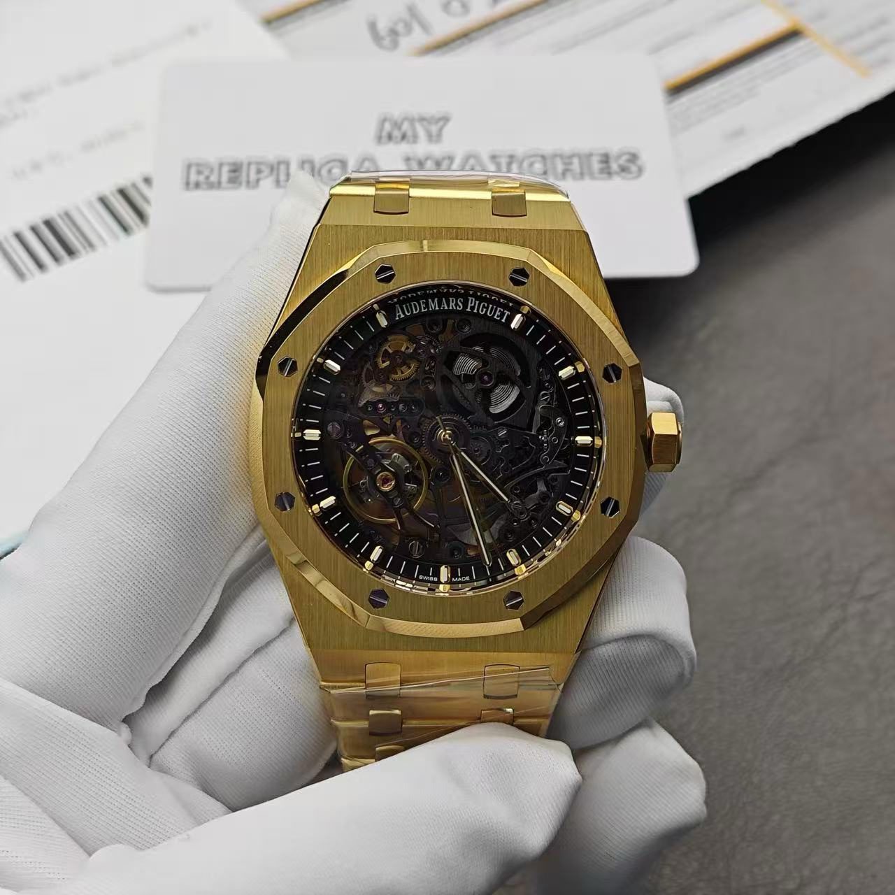 Replica Audemars Piguet Royal Oak Openworked 15407 Yellow Skeleton Dial