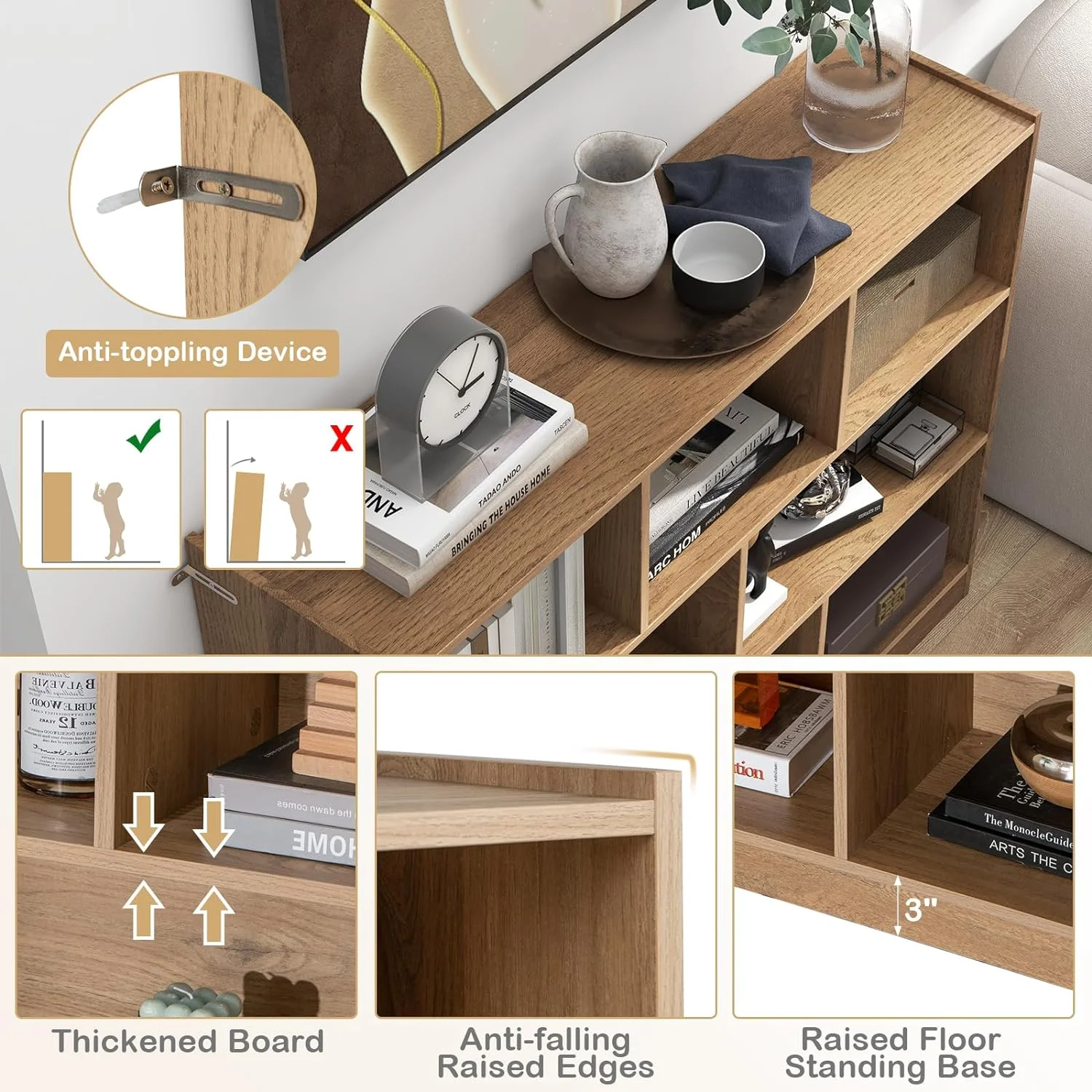 LOKO 3-Tier Open Shelf Bookcase, Floor Standing Wood Bookshelf for Bedroom, Living Room, Kids Room, 8 Cube Bookcase, 48 x 12.5 x 36.5 (Burlywood) - Image 15