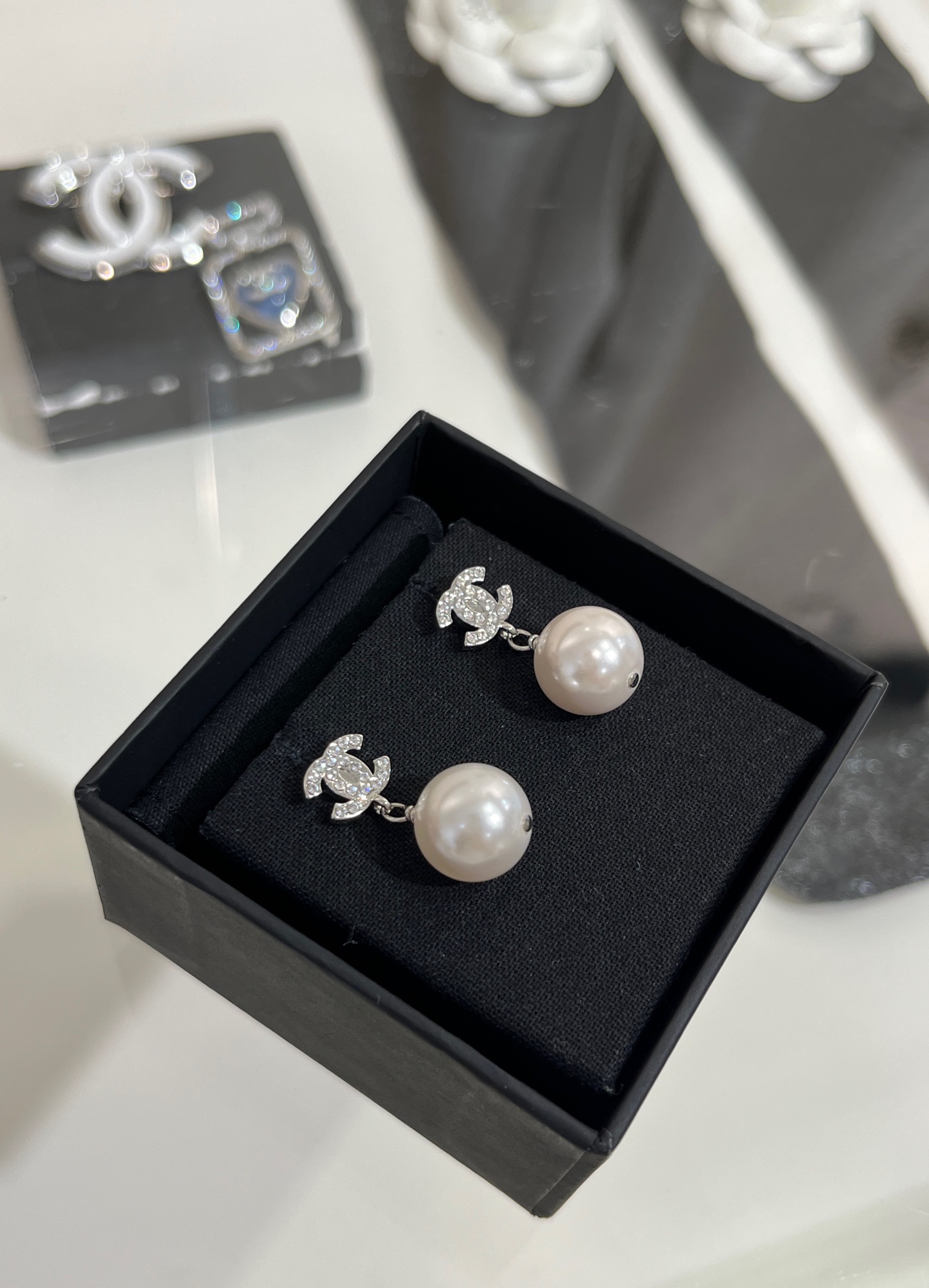 Chanel Classic Silver Coco Pearl Drop Earrings - Original Replica Club