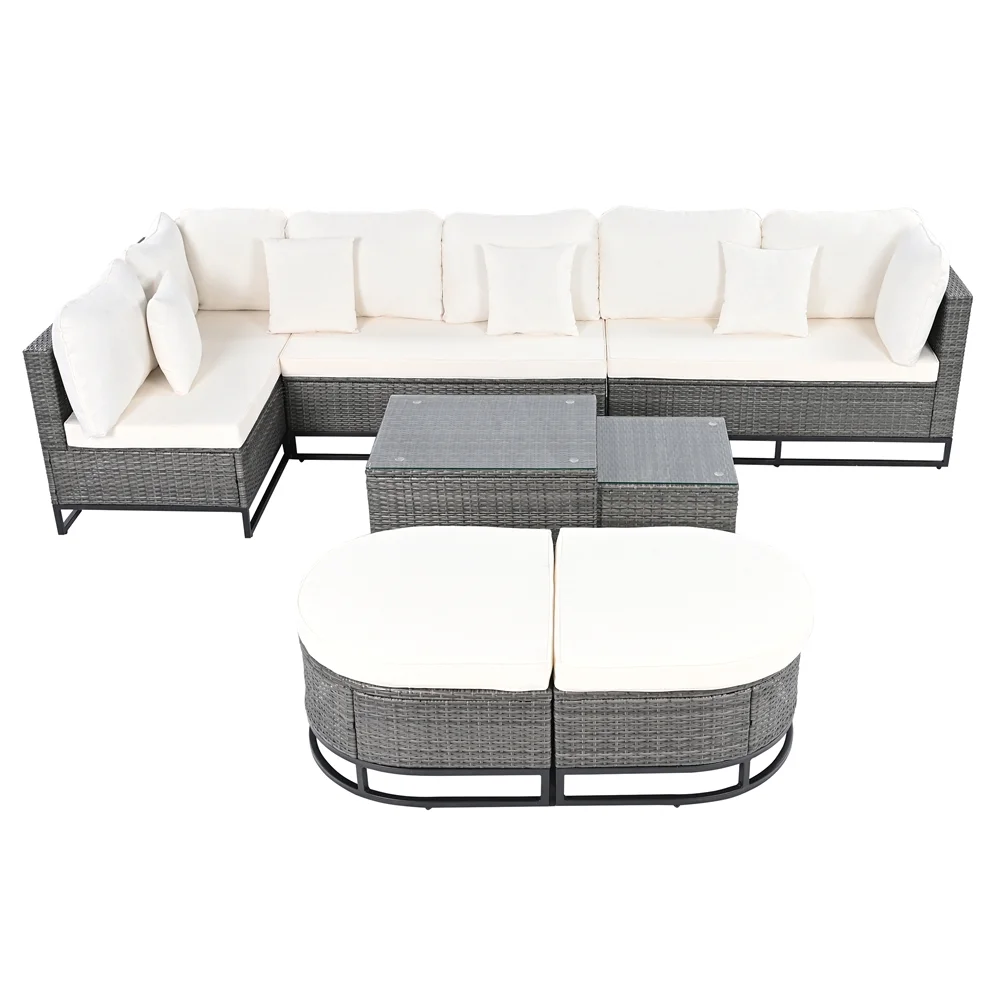 8 Pieces Outdoor Wicker Round Furniture Set, All Weather Half-Moon Sectional Patio Sofa Sets with Rectangular Coffee Table, Beige - Image 25