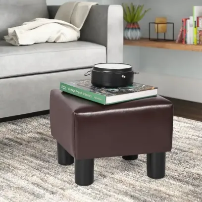 Square Footrest Stool with Upholstered Seat and Wooden Legs