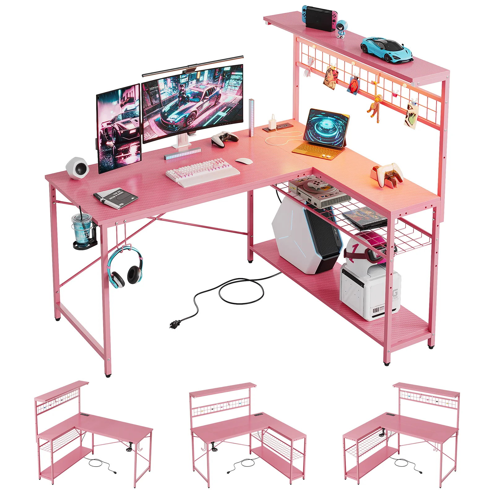 Bestier 51 L Shaped Gaming Desk with Power Outlets & LED Light, Computer Desk with 4 Tiers Shelves for Home Office, Reversible Gamer Table with Hooks and Cup Holder, Carbon Fiber - Image 40