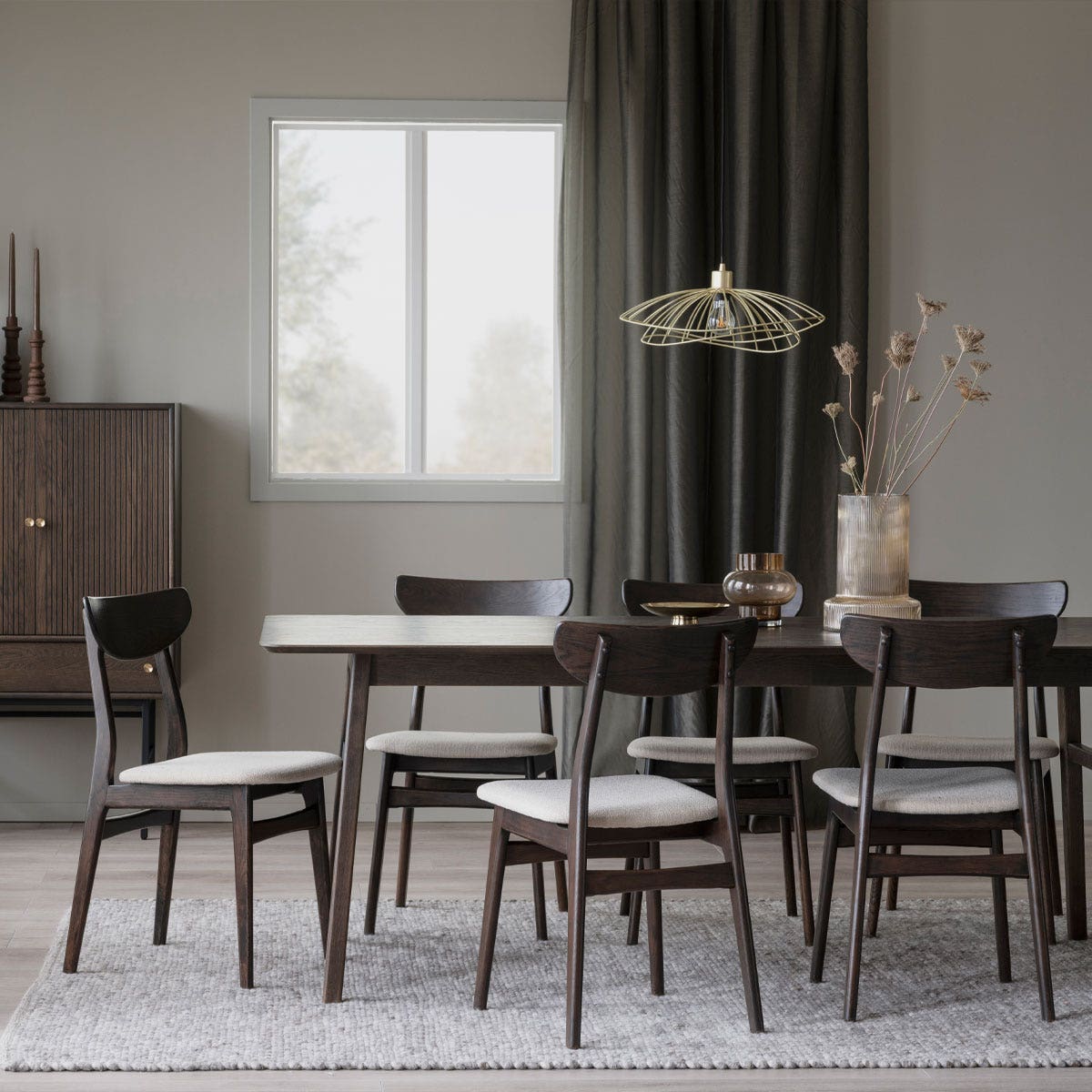 Rowico Home Rodham Houten Eetkamerstoel Donker Eiken - Beige Stof