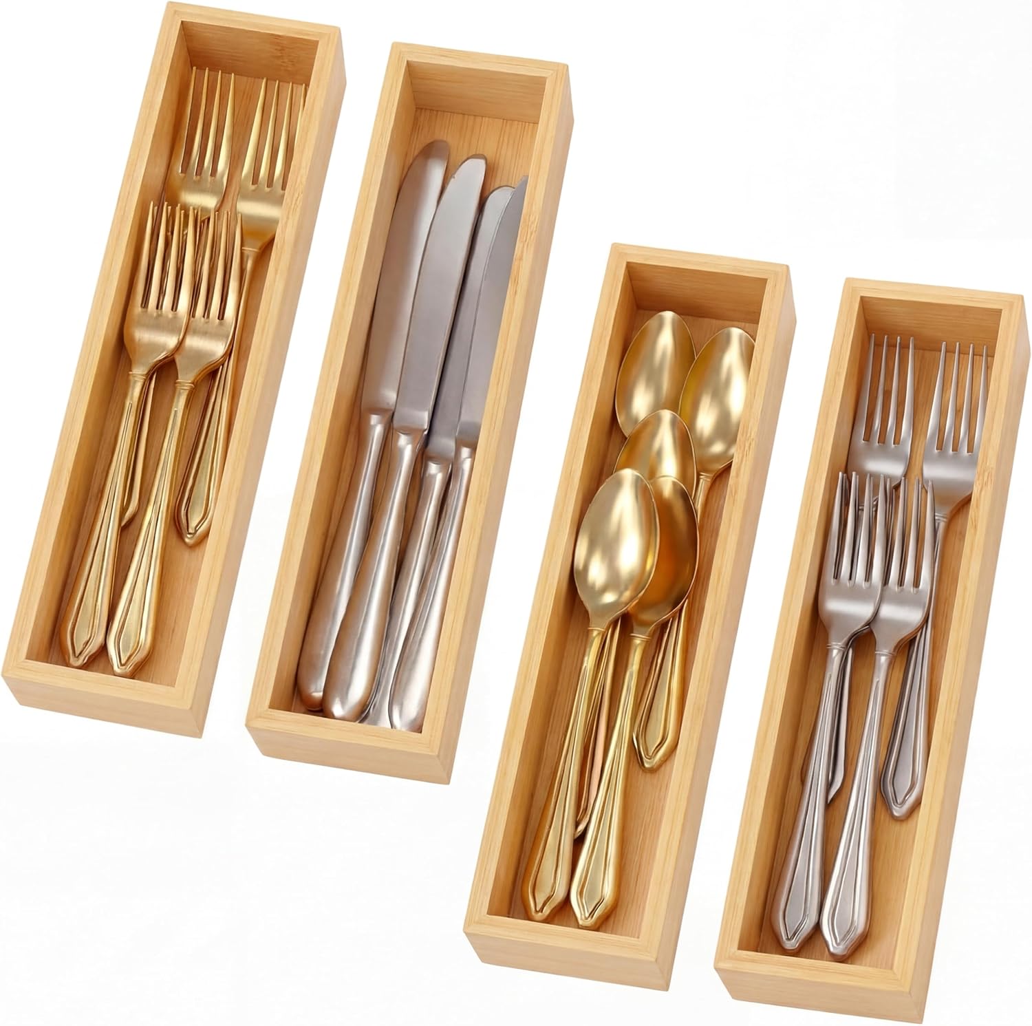 4 Pcs Bamboo Drawer Organizer Stackable Utensil Organizer for Kitchen Bamboo Storage Box Wood Silverware Tray for Drawer, Dresser, Bathroom 12