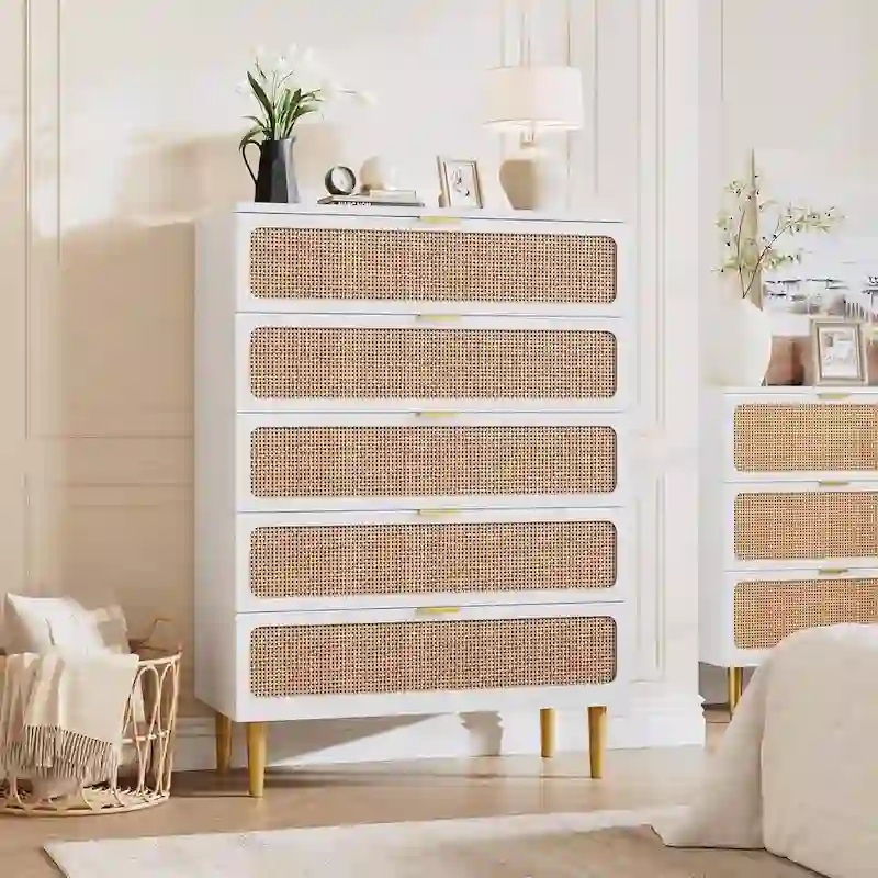 Rattan 5-Drawer Dresser for Bedroom and Hallway