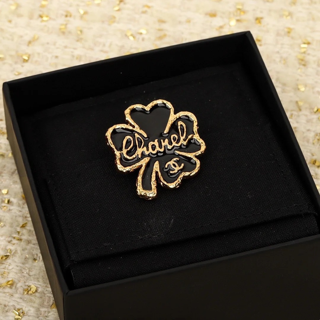 Chanel Black Lucky Clover Brooch - Original Replica Club